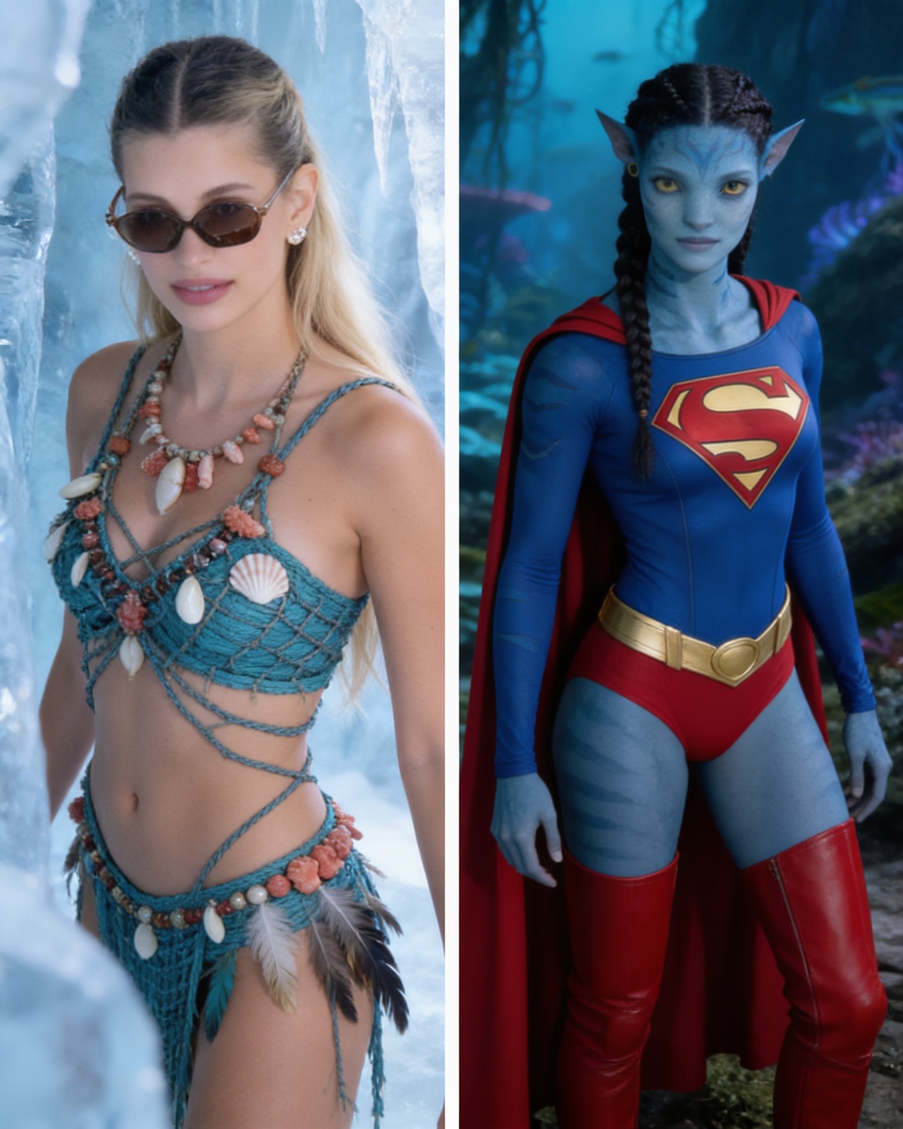 Use both uploaded images as references and perform a clean two-way clothing swap between the characters.
Image 1: Keep the blonde woman’s face, identity, hairstyle, expression, human skin tone, body shape, pose, proportions, icy background, camera angle, framing, and lighting exactly unchanged. Replace only her Supergirl suit, cape, belt, briefs, and boots with the complete handcrafted Na’vi outfit worn by the character in Image 2, including the woven turquoise top, netted cords, shells, coral pieces, beads, feathers, and other natural ornaments. Adapt the outfit realistically to her human anatomy and existing pose.
Image 2: Keep the Na’vi woman’s face, identity, blue skin, markings, pointed ears, braided hairstyle, body proportions, pose, expression, Pandora background, camera angle, framing, and lighting exactly unchanged. Replace only her original outfit and accessories with the complete Supergirl costume from Image 1: fitted blue long-sleeved suit, red-and-gold chest emblem, gold belt, red briefs, red cape, and red thigh-high boots. Adapt the costume naturally to her tall Na’vi anatomy.
This is strictly a clothing swap, not a face, body, hairstyle, skin-colour, pose, or background swap. Preserve both characters’ identities perfectly. Keep the original cinematic realism of each photograph, with accurate fabric tension, natural folds, shadows, reflections, proper costume alignment, and seamless contact with the body. Do not redesign, merge, stylize, beautify, or alter either character. No additional accessories, anatomical errors, distorted hands, pasted clothing, artificial textures, or obvious AI appearance.
Generate the result as two separate images, retaining the original composition and aspect ratio of each reference.