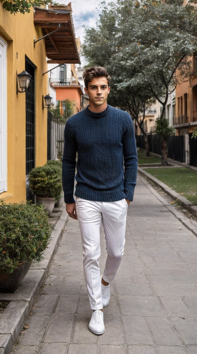 Trendy city dweller, sleek outfit, modern skyscrapers in the background.