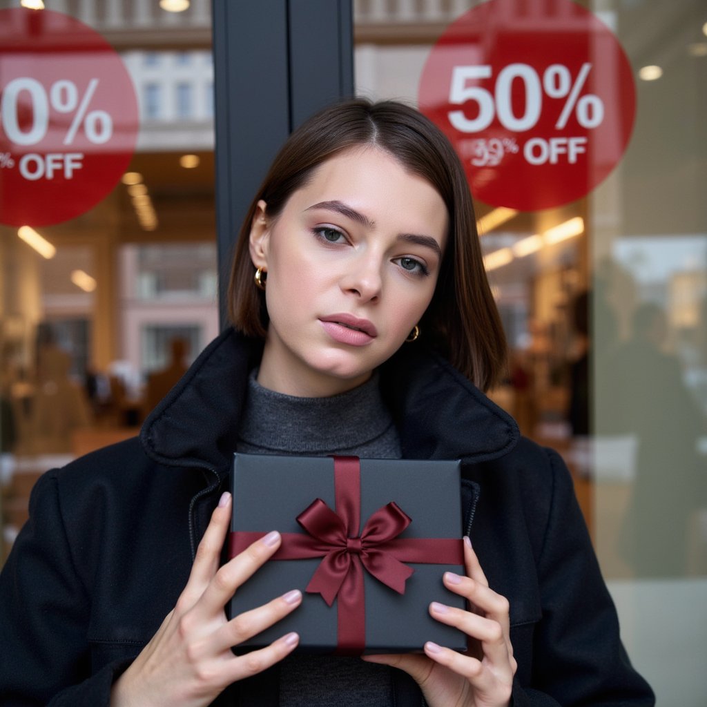 A poised woman (female) framed as a tight headshot in front of a glossy storefront, holding a matte-black gift box with a deep red satin ribbon just below the chin. Hairstyle: sleek lob tucked behind one ear; makeup: soft matte skin, neutral taupe eyeshadow, fine winged liner, satin nude lips. Attire: black herringbone wool coat over a charcoal cashmere turtleneck; subtle gold mini hoop earrings. Pose: chin slightly down, eyes to camera, faint smile; no motion. Camera: 85mm prime, f/1.4, eye-level, focus on near eye; Lighting: warm tungsten window glow as key from camera left, cool LED rim from the right, delicate catchlights. Background: bokeh of red “50% OFF” window decals and glass reflections; minimal clutter. Fabric details: visible wool grain, cashmere fuzz, ribbon sheen. Color palette: black/charcoal with restrained red accent. Highly detailed, highly realistic, HDR, high resolution.