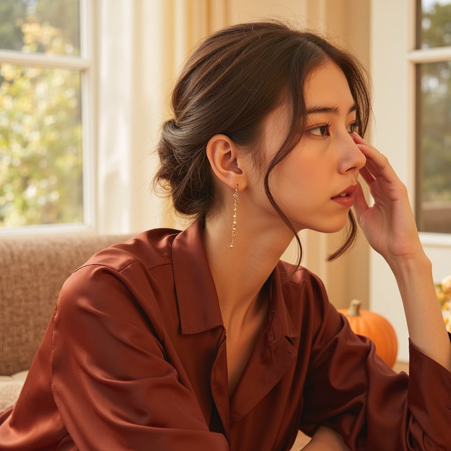 Highly detailed, highly realistic, hyperrealistic HDR close-up of a woman (female, -5°), capturing soft side profile as she turns her face halfway toward light. She wears a deep rust-red blouse with satin texture, visible smooth reflections along folds. Hair styled in an elegant low bun with a few loose strands glowing in backlight. Light outlines her jawline and highlights dust motes in the air. Background blurred into warm beige and faint greenery from window view. Expression serene, timeless Thanksgiving glow. Skin texture, eyelashes, and silk sheen visible in intricate detail. HDR, high resolution, high quality, highly detailed, photorealistic.