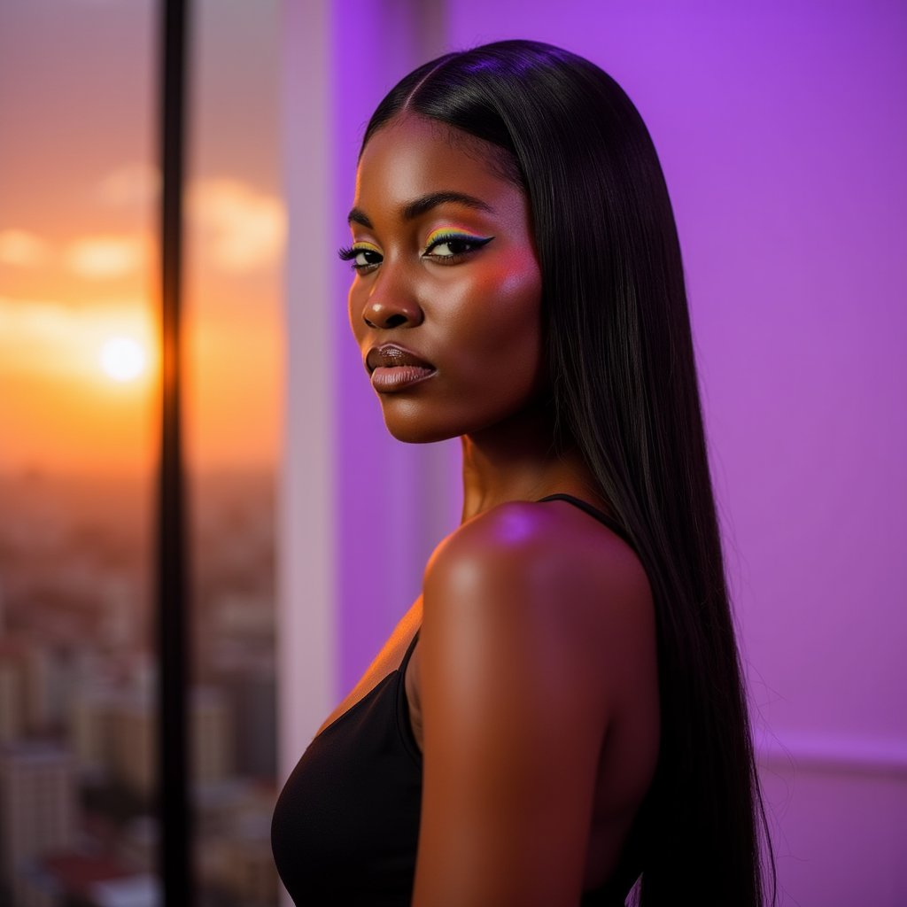 woman with long, sleek, straight hair framing her face. Her makeup features striking rainbow eyeliner, glossy nude lips, and a dewy foundation that leaves her skin with a visible glow. She maintains a calm expression with a direct gaze, looking straight into the camera. The background is a solid pop purple, enhancing the vibrant colors of her makeup. The lighting is even studio lighting, casting soft shadows that highlight the crisp rendering of her hair strands.