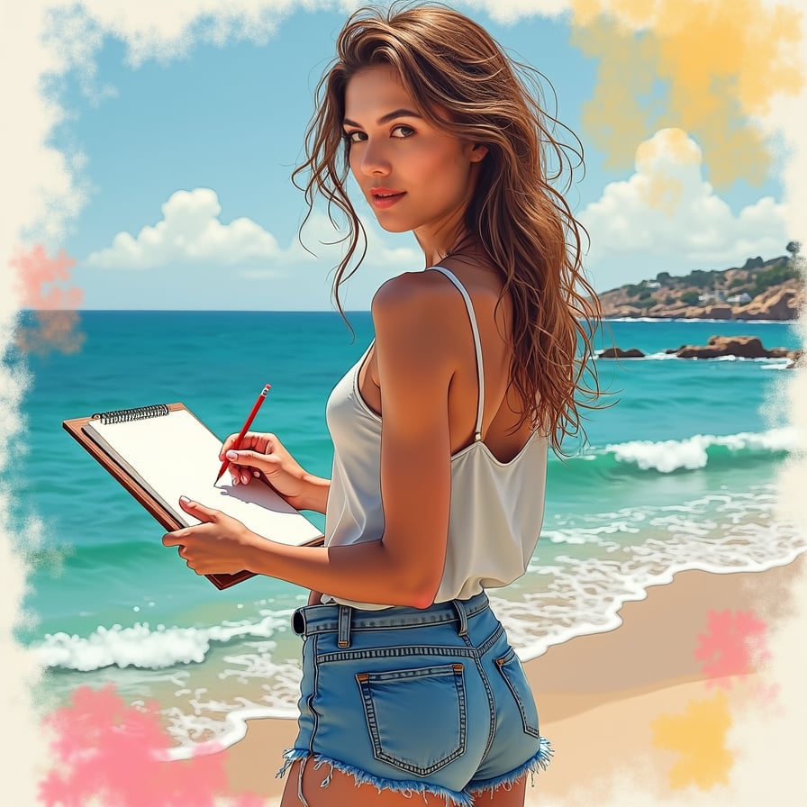 girl with tousled beach hair, wearing a relaxed fit tank top and paired with faded denim shorts, standing on the sandy shore with a serene ocean landscape in the background, holding a beach sketchbook and pencils in hand, capturing the beauty of the coast.
