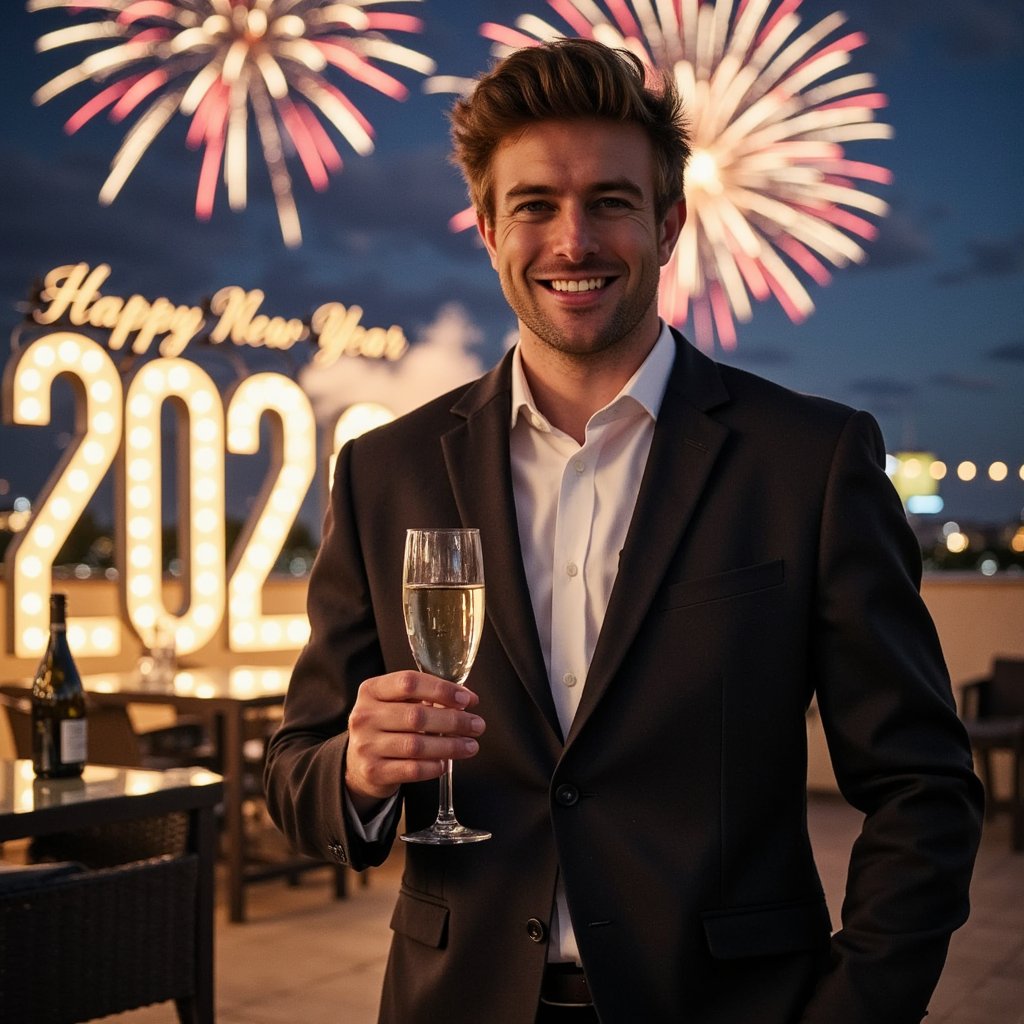 Highly realistic, HDR AI-generated New Year 2026 celebration image of a man, smiling confidently and posing for the camera. Wearing a tailored luxury suit or leather jacket, sharp fit with visible fabric texture. Hair styled perfectly, groomed beard or clean shave. Holding a champagne glass casually. Large illuminated “2026” numbers placed beside him, fireworks exploding in the night sky, glowing “Happy New Year” text above. Rooftop or terrace celebration setting with city lights. Bright festive lighting, ultra high resolution, premium AI New Year poster-style image.