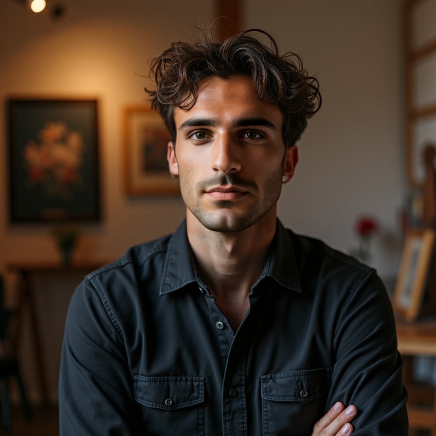 man in a dimly lit studio or gallery. He is wearing a simple yet stylish outfit, such as a dark shirt or jacket, with a canvas or musical instrument subtly visible in the background. His expression is thoughtful and creative, showcasing his artistic side