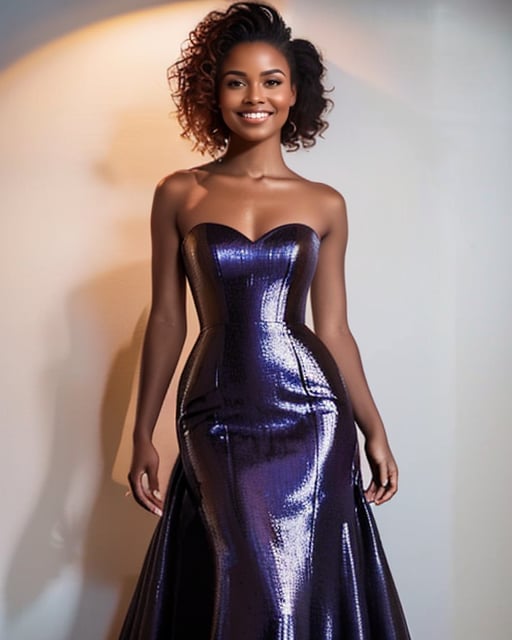 Stunning woman, multi-colored gown, plain wall, professional shot.