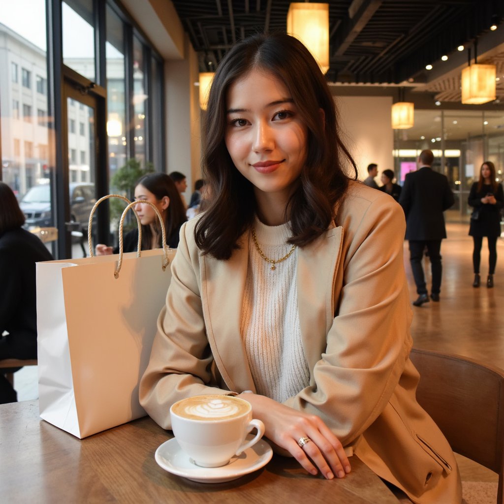 A woman (female) seated at a café table, two elegant shopping bags beside her with gold rope handles. Hairstyle: mid-length loose waves, soft gloss; makeup: natural warm tones, luminous finish. Attire: camel trench coat partially open over a white ribbed knit sweater; dainty gold chain necklace. Pose: forearms on table, leaning slightly forward, gentle smile toward camera, relaxed composure. Camera: 50mm lens, f/1.8, waist-up framing with slight overhead tilt. Lighting: window daylight key from left, warm café fill, subtle reflections on tabletop. Background: blurred bokeh of interior lights and patrons, muted warm tones, minimal clutter. Detail: visible fabric grain, latte foam texture, gold handle reflections. Highly detailed, highly realistic, HDR, high resolution.