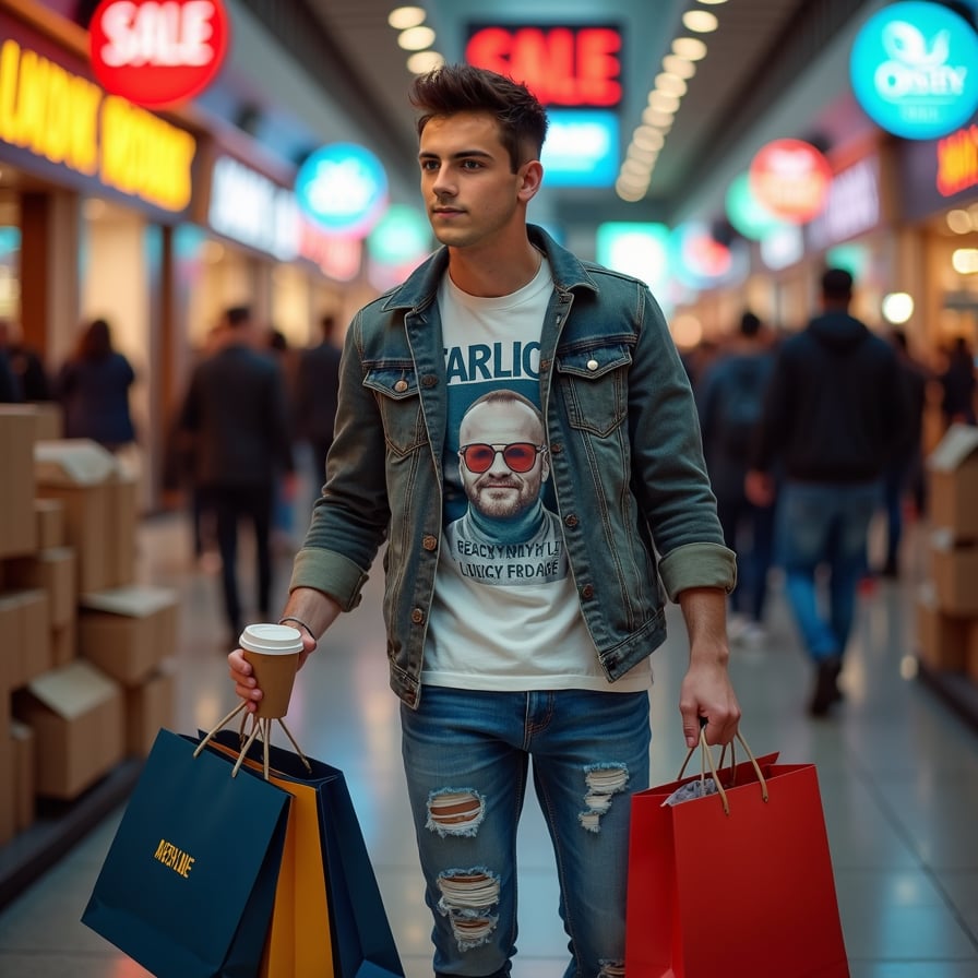 man in a stylish graphic t-shirt and distressed denim jeans, holding shopping bags from luxury brands, coffee cup from a trendy cafe, surrounded by piles of shopping bags from popular brands, in a busy shopping mall on Black Friday, under neon lights, against a backdrop of giant sale signs.