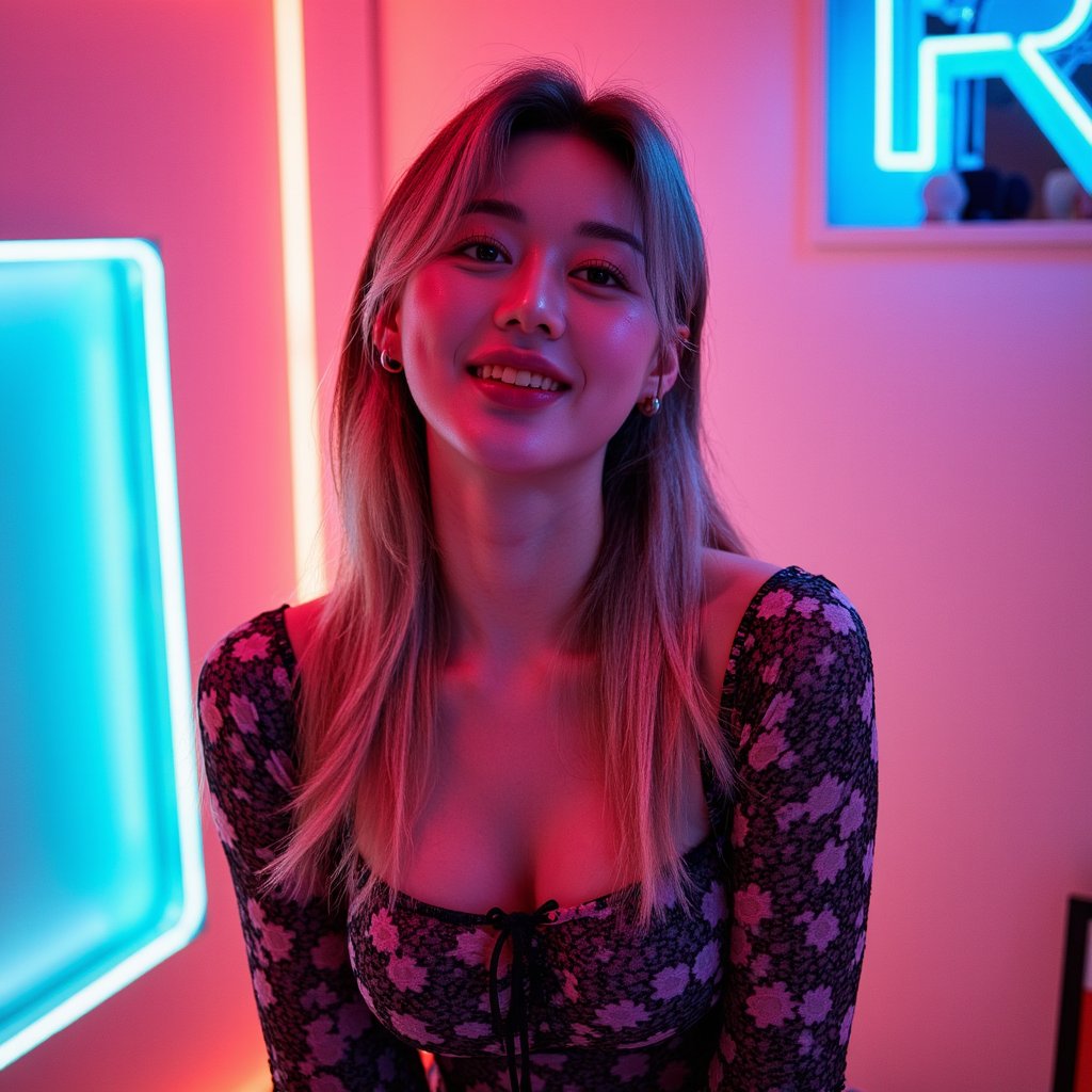 woman with a bold, joyful presence, styled with a colorful pop aesthetic. The lighting is soft and luminous, filled with warm pink hues and subtle neon glow. Her look reflects youthful creativity and effortless cool. The background includes retro-inspired textures and minimal geometric elements. Hyper-detailed, bright tones, expressive mood, high clarity.