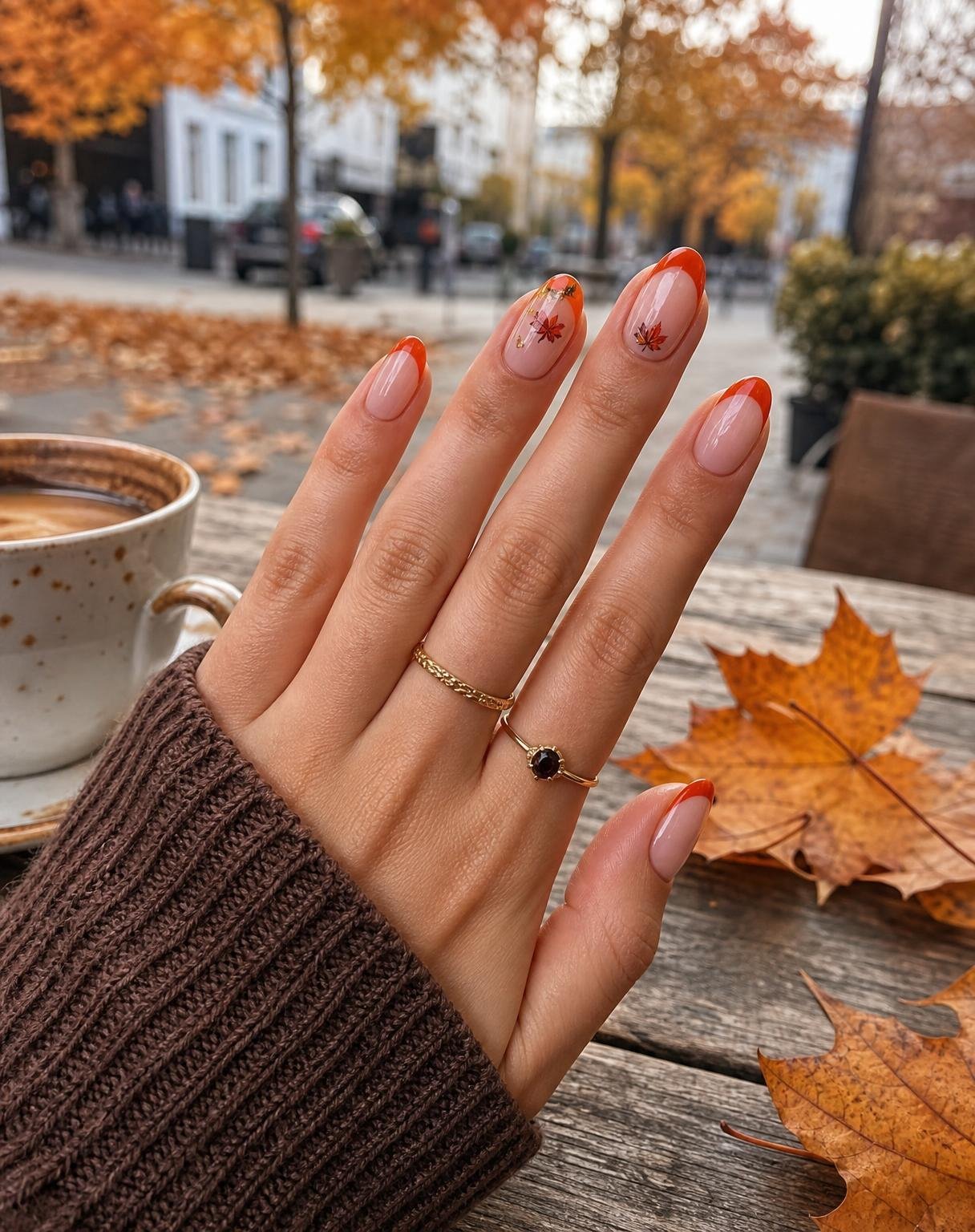 Create an exceptionally realistic, Pinterest-worthy October manicure photograph, resembling a beautiful candid iPhone photo taken at an outdoor café during autumn.
NAIL DESIGN — MAIN PRIORITY
Beautiful medium-length soft almond nails, extending approximately 5–7 mm beyond the fingertips. Not extremely short, not excessively long.
Each nail has a translucent milky-pink nude base with a clearly visible, rich burnt-orange French tip. The orange tips must have enough width to stand out immediately, with clean curved edges and an elegant glossy finish.
Add tiny, finely detailed rust-orange and brown maple leaf decals to two accent nails, with a few delicate autumn-inspired gold details. Keep the design wearable, tasteful and professionally manicured.
HAND POSITION — VERY IMPORTANT
Show one beautiful, naturally proportioned feminine hand resting gracefully on a rustic outdoor café table, palm facing downward, fingers gently relaxed and slightly separated.
Photograph the hand diagonally from above at a natural three-quarter angle, allowing all five nails, their full lengths and French tips to be clearly visible.
The wrist and fingers must connect anatomically correctly. No gripping a cup, bent-back fingers, awkward hand twisting or hidden nails.
Add two delicate gold rings, one with a tiny dark gemstone and another thin textured gold band.
A soft chocolate-brown knitted sweater partially covers the wrist.
AUTUMN ATMOSPHERE
A genuine cozy October café setting. Beside the hand sits a small ceramic coffee cup with visible coffee, a few naturally scattered burnt-orange and golden maple leaves, and a softly blurred autumn street with colorful fallen foliage in the background.
The leaves and coffee should complement the manicure without competing with it.
REALISTIC PHOTOGRAPHY
Casual smartphone photograph, beautiful natural afternoon daylight, realistic skin texture, soft shadows, authentic wood grain, visible knit texture and crisp manicure details.
Natural autumn colors: burnt orange, muted rust, chocolate brown, cream and soft golden foliage. No yellow filter.
The manicure must be the immediate focal point. The image should feel like a genuinely beautiful fall nail inspiration photo saved from Pinterest, not a commercial nail advertisement.
Avoid extremely short nails, barely visible French tips, overly pale colors, unnatural hand anatomy, excessive props, artificial skin, CGI appearance, studio lighting, campaign styling, heavy blur and oversaturated orange tones.
Single photograph. Vertical 4:5. Sharp, realistic, naturally beautiful.
