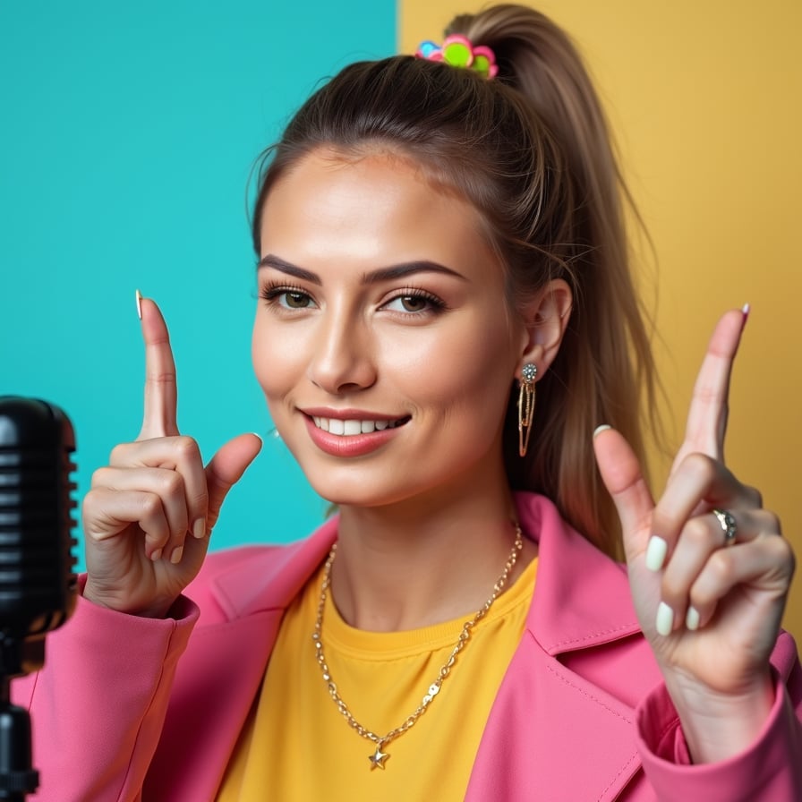Generate a polished thumbnail-ready headshot of a woman with a bright and confident expression. She is posed in a way that adds intrigue, such as leaning slightly forward or pointing toward text space. The background is clean but vibrant, emphasizing her presence and creating a cohesive thumbnail