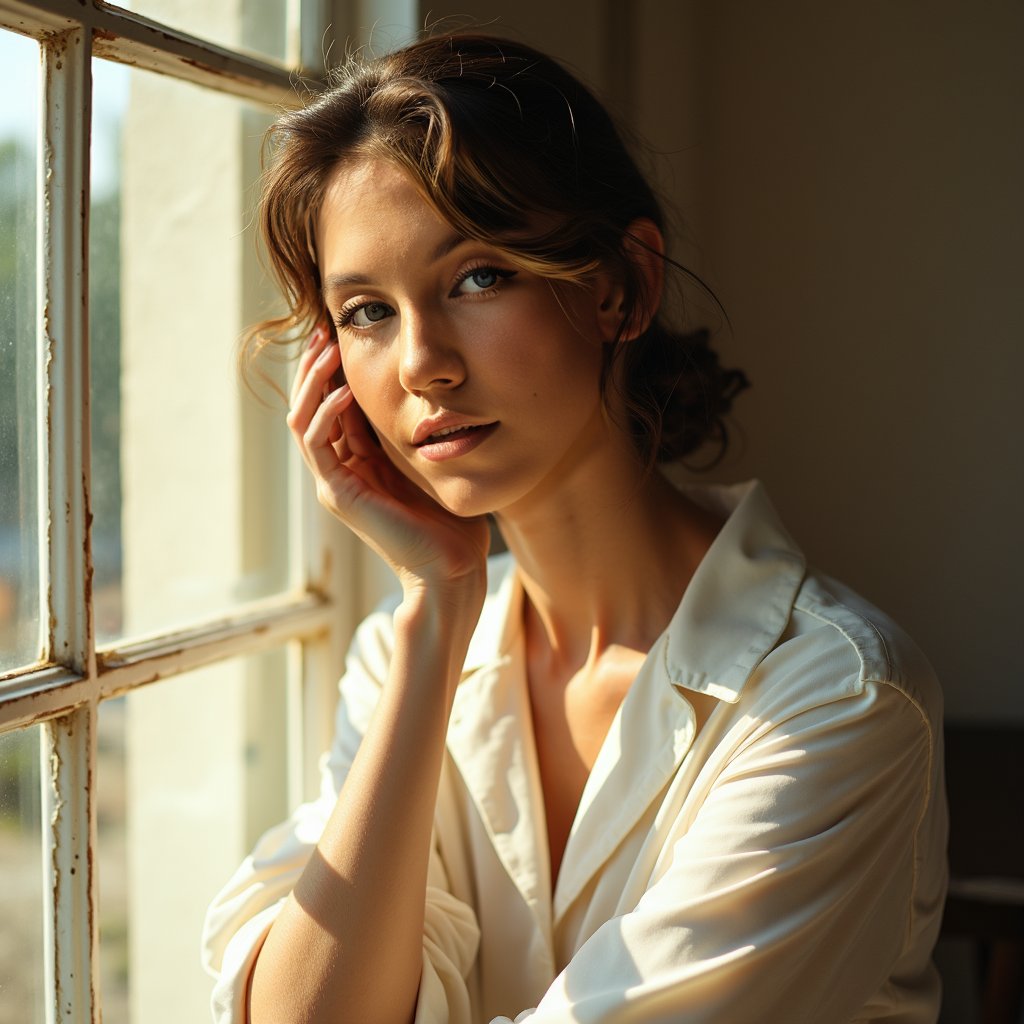 A vintage fashion photoshoot of an attractive woman in the style of Vogue, and a white blouse under natural lighting with soft shadows and pastel colors. The photo was shot with a Canon EOS R5 camera and received professional color grading, and depth of field., cinematic, cinematic lens flare, high quality., high resolution photography, in a candid pose, in the style of cinematic light, looking at the camera, natural skin texture, resembling magazine photography., soft focus, ultra detailed, warm tones