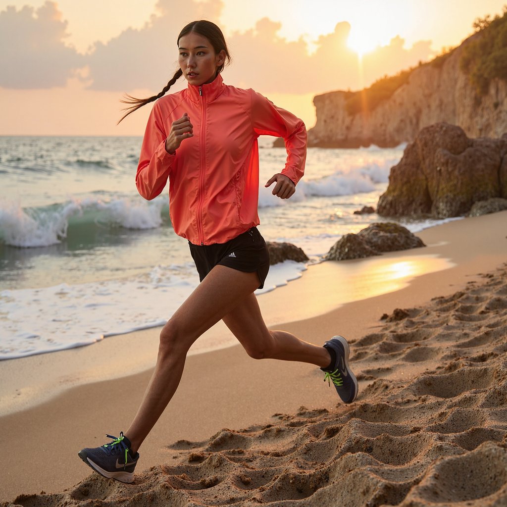 Woman sprinting along compact sand near the shoreline at golden hour; braided ponytail swept back, determined gaze; lightweight coral windbreaker (matte ripstop micro-creases), black compression shorts, knit mesh running shoes; side-on composition at hip height, 85mm, f/2.8, 1/1600, ISO 200 to freeze stride; warm backlight from low sun creating rim along arms and calves, sky fill cooling shadows; background: gentle waves and horizon rendered with soft blur, minimal clutter; visible details: zipper pulls, reflective piping, shoe tread sandy dusting, fine facial pores; highly detailed, highly realistic, HDR