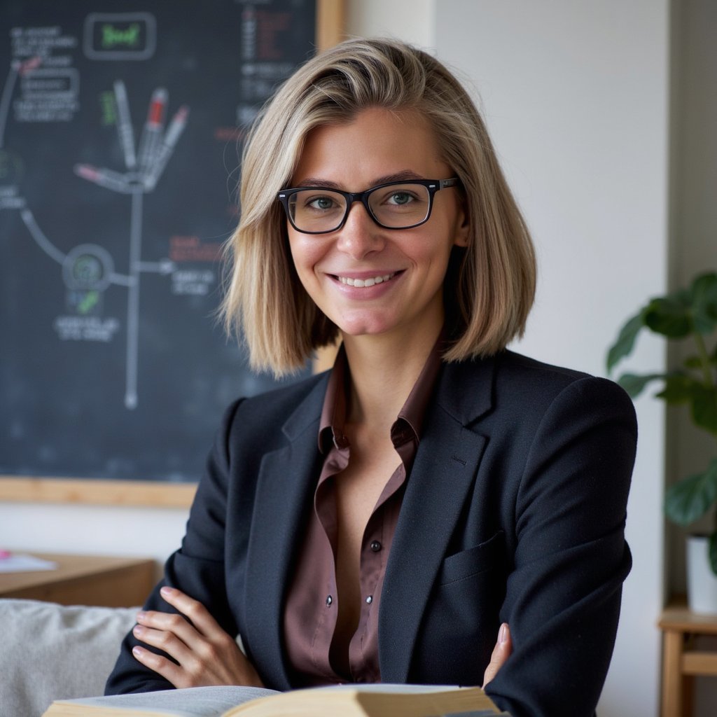 Highly realistic HDR portrait of a woman professor with salt-and-pepper bob hairstyle; dark wool blazer over a jewel-tone silk blouse; fine-rimmed glasses. Camera: 85mm lens, f/2.0, ISO 250, chest-up, shot from slightly below eye level for authority. Lighting: natural window daylight as key, subtle fill from white wall; shadow defines cheekbones and jawline. Pose: holding an open book at chest height, warm attentive smile. Background: blurred chalkboard with neat diagrams and a few colorful markers, minimal clutter.