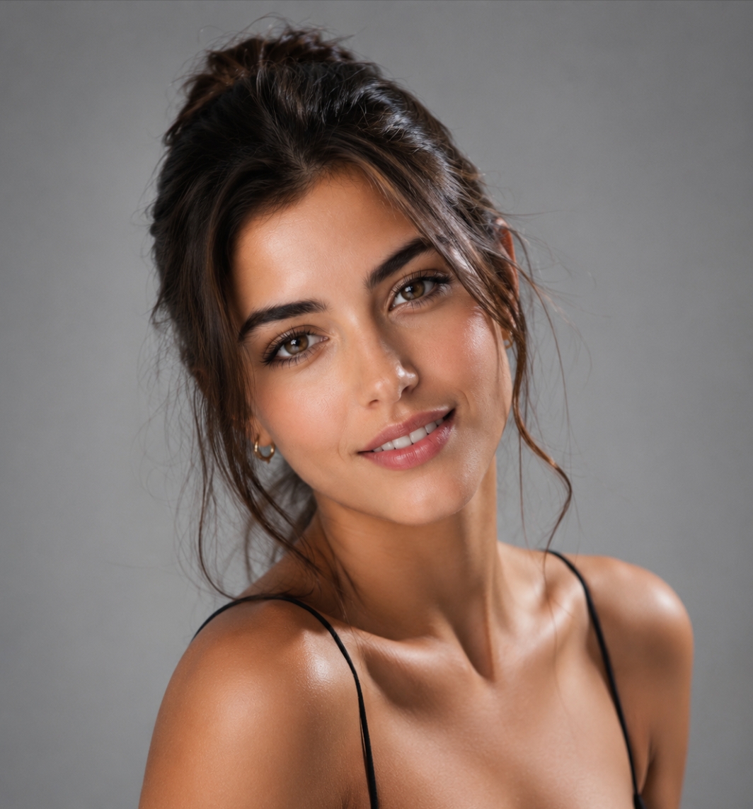 Female beauty shot, clean softbox light, neutral grey background, even flawless skin, rectangular catchlights