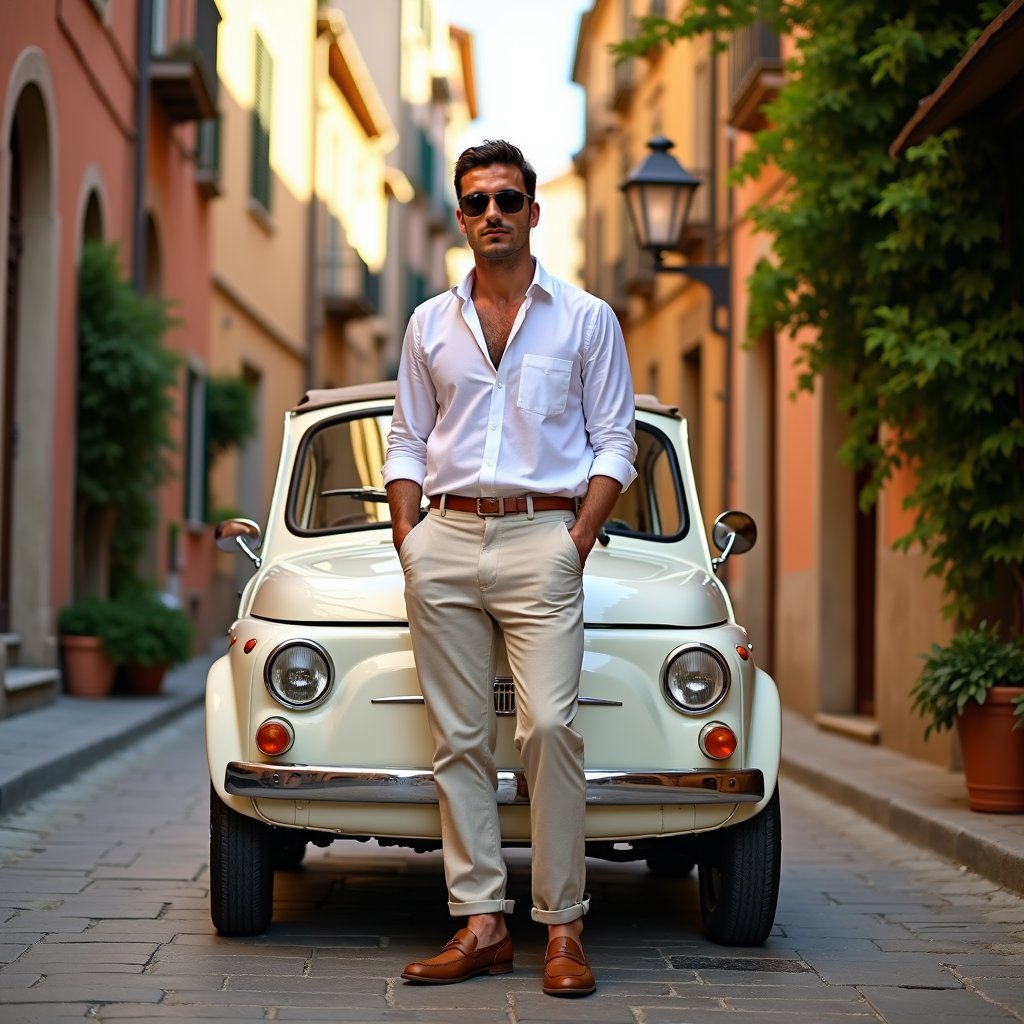 man wearing a linen shirt and linen pants, sunglasses and loafers, with a slight smirk, standing in front of a vintage Fiat convertible in a narrow, cobblestone street, surrounded by picturesque Italian buildings and vines, warm afternoon light casting a golden glow.