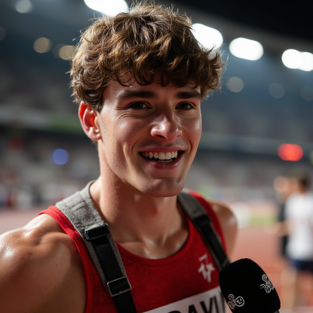 Headshot of a smiling athlete being interviewed trackside, race bib still pinned