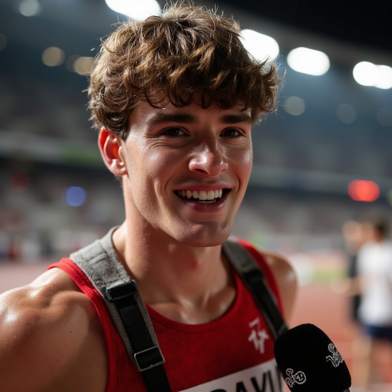 Headshot of a smiling athlete being interviewed trackside, race bib still pinned