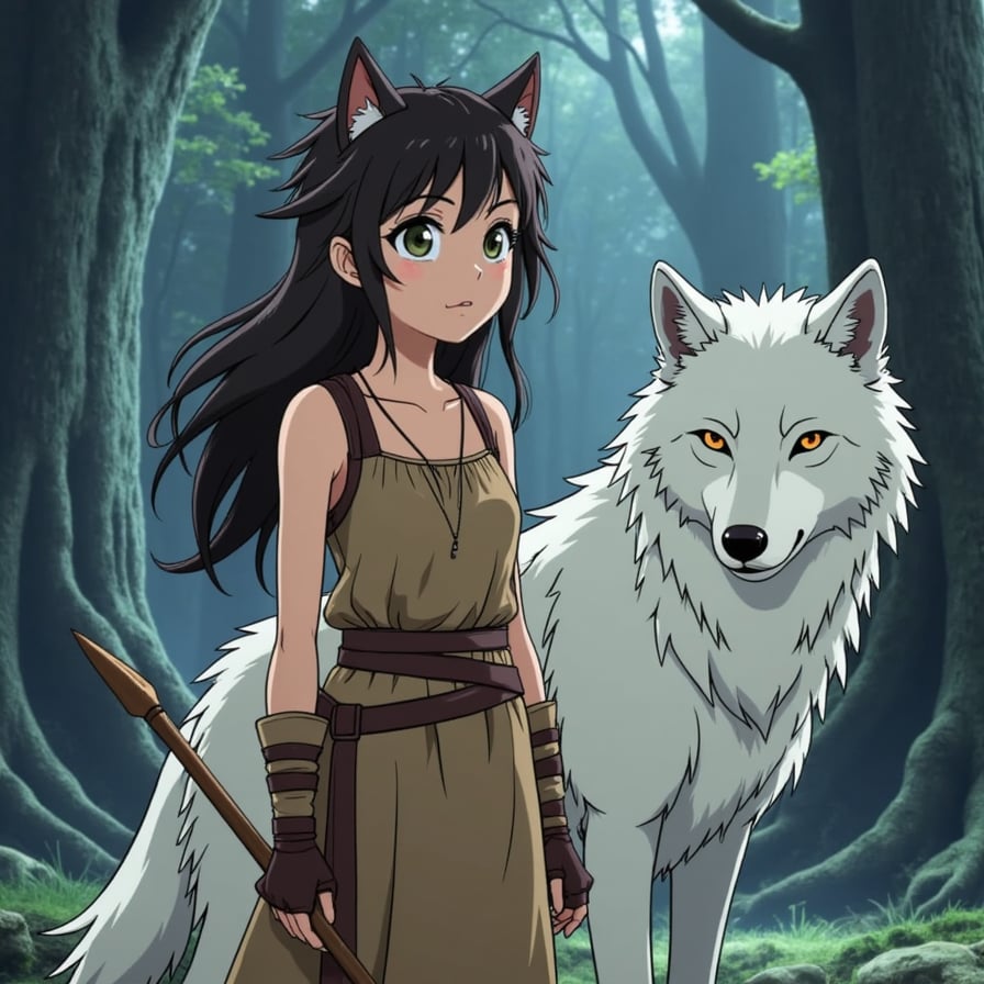woman with wild, untamed hair and a fierce gaze, wearing a primitive, earth-toned dress and a mysterious mask, holding a worn, wooden spear, standing beside a majestic, snowy-white wolf with piercing eyes, set against a misty, mystical forest backdrop with towering trees and ancient, gnarled roots, illuminated by dappled, eerie sunlight filtering through the fog, image generated in anime style