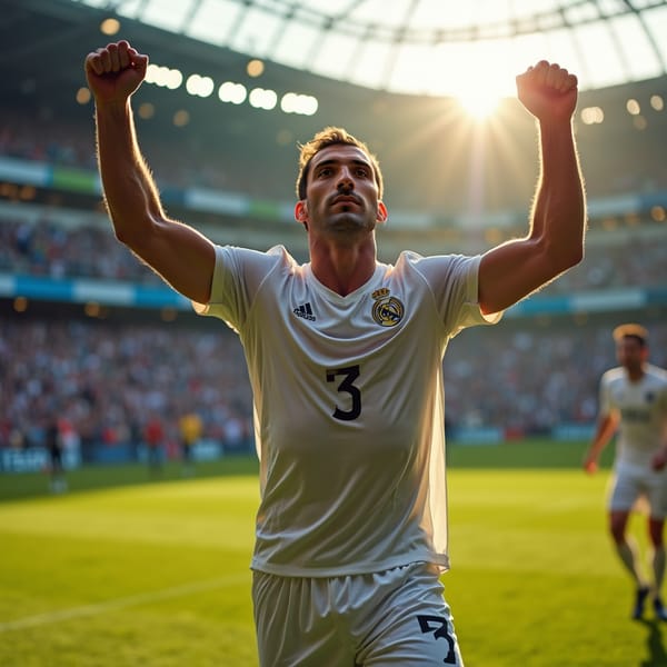 man in a dramatic athletic pose, arms raised in triumph, wearing a professional soccer jersey and shorts, sweaty and euphoric, in the midst of a bustling stadium with cheering fans and blurred movement in the background, capturing the raw emotion of scoring the first goal.