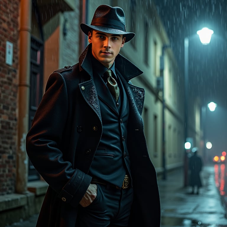 Depict a vampire detective standing under a streetlight on a rainy city street a