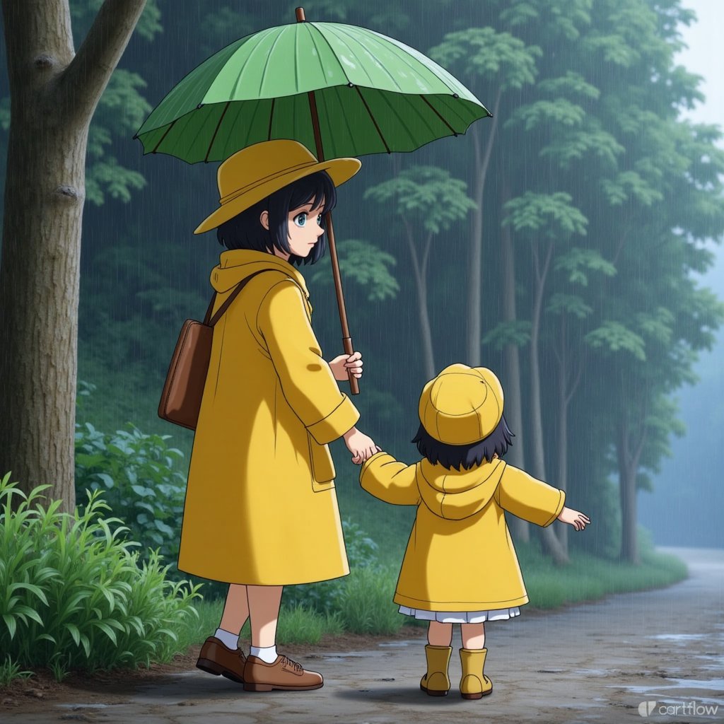 two young girls in bright yellow raincoats and hats, holding hands, standing patiently at a rustic countryside bus stop, surrounded by lush greenery and tall trees, next to a massive, gentle forest spirit with a warm, comforting smile, holding a large leaf umbrella to shield them from the pouring rain, set against a serene, misty backdrop of the Japanese countryside.