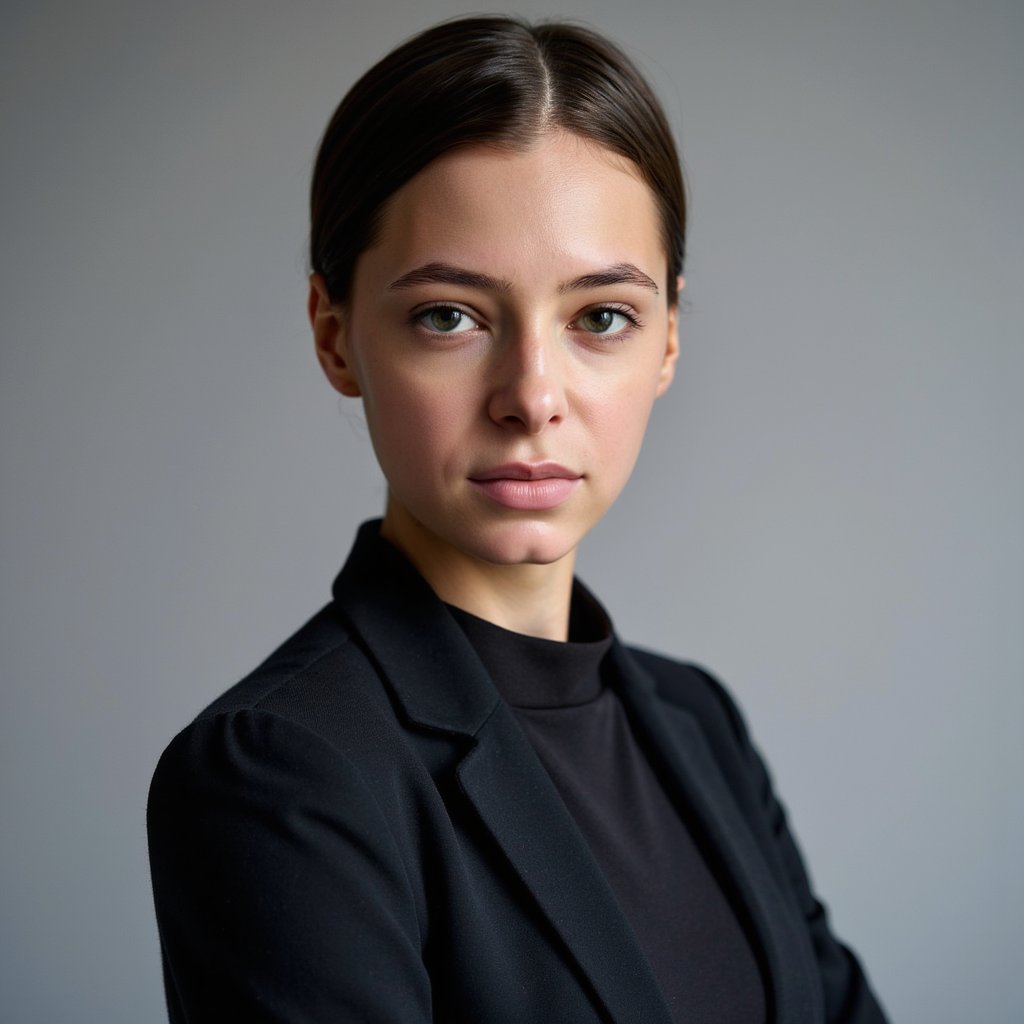 A highly realistic passport photo of a young woman, framed in a waist-up shot. She wears a tailored black blazer with a high-collared blouse, emphasizing a clean, polished look. Her hair is styled in a simple, neat updo, with a few loose strands framing her face. The lighting is soft and even, with a slight light falloff at the edges to create depth. The background is a soft gray with a minimal blur, ensuring the subject remains the focal point. The image is captured at eye level, with the camera slightly to the left, capturing her from a slight angle while maintaining a neutral, professional expression. The fabric of her blouse and jacket are highly detailed, with subtle texture visible. The shot is HDR for perfect clarity, showcasing her detailed features and clothing.