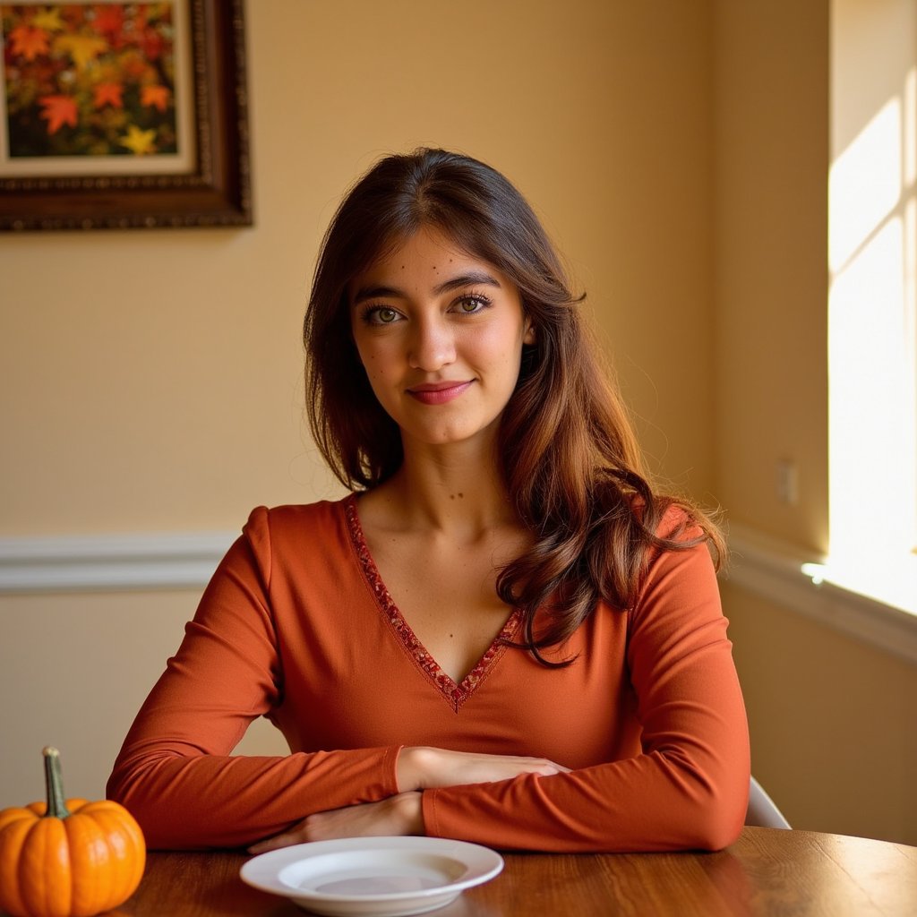 Highly detailed, highly realistic HDR image of a young woman (female, African-American, about 28 years old) seated at a wooden dining table. Waist-up framing at a slight three-quarter angle (camera slightly above eye level, looking down ~10°) so you see her face and upper torso. She wears a rich burnt-orange satin blouse with subtle sheen and delicate embroidery around the neckline, sleeves softly ruched; her hair is styled in shoulder-length loose curls, warm honey-brown highlights catching the light. Soft golden light from a nearby window to her right casts gentle shadows on the left side of her face; background is blurred (bokeh) with warm tones of autumn leaves on the out-of-focus background wall décor, minimal clutter. On the table in front of her is a single small pumpkin-shaped gourd and an elegant white ceramic plate (just peeking into frame). Facial details: faint freckles across her cheeks, natural light makeup with a soft rose-tone lip, long natural lashes, and subtle glint in her dark brown eyes. The blouse fabric shows fine threads, slight folds at the elbows, the satin texture catching the light. Background: warm beige wall, one out-of-focus framed print of autumn foliage, neutral and uncluttered. The image conveys calm gratitude and warmth.