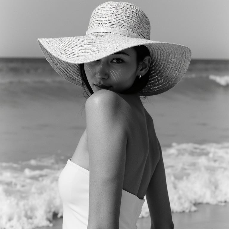 Adult woman — monochrome beachfront close-up portrait (black & white); attire: c