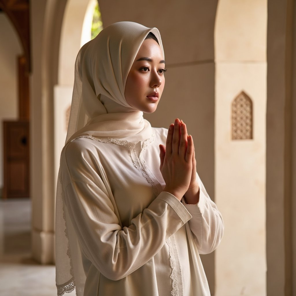 woman in a modest, graceful look, with her hair respectfully covered in a soft draped fabric. She is photographed in a warm, serene setting with soft lighting and gentle shadows that enhance her peaceful expression. The background features minimal Islamic design accents, softly blurred. Her appearance radiates quiet reverence and dignity. Hyper-detailed, soft tones, respectful styling, spiritual calm.