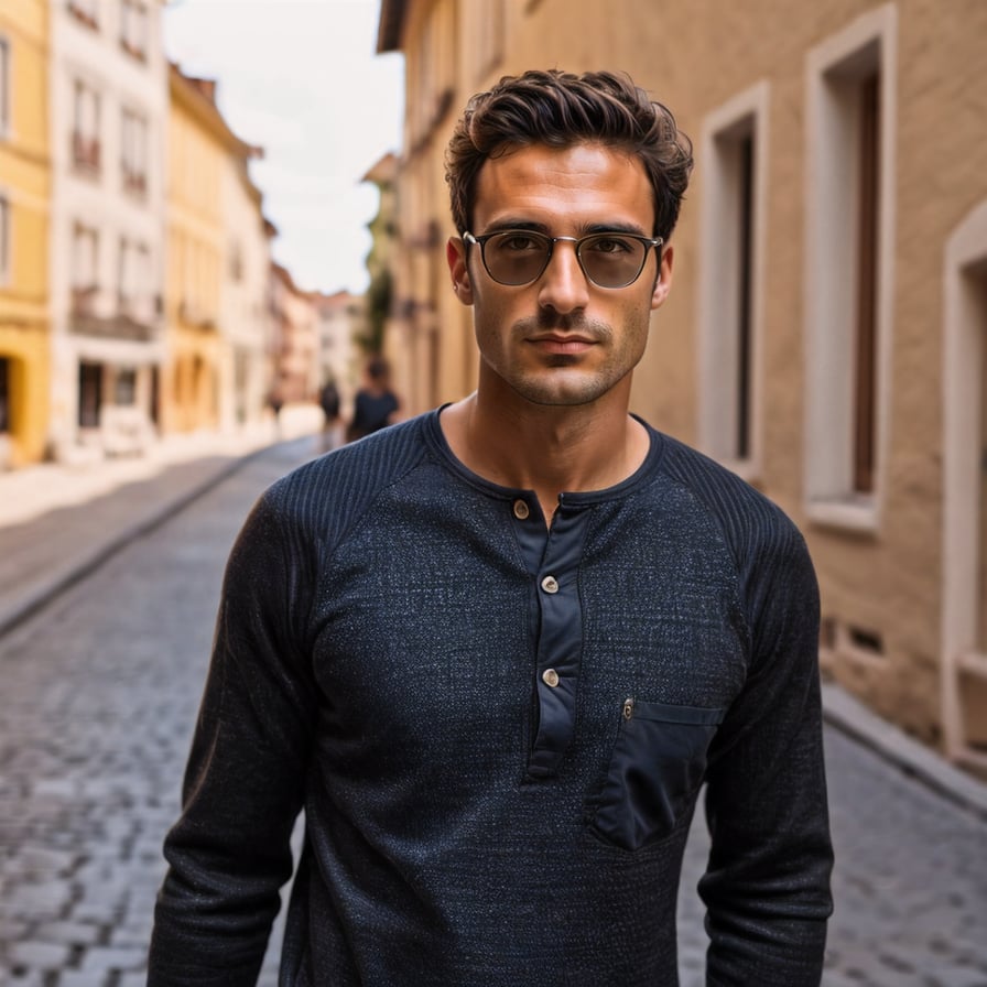 Trendy man in sunglasses, exploring scenic European streets.