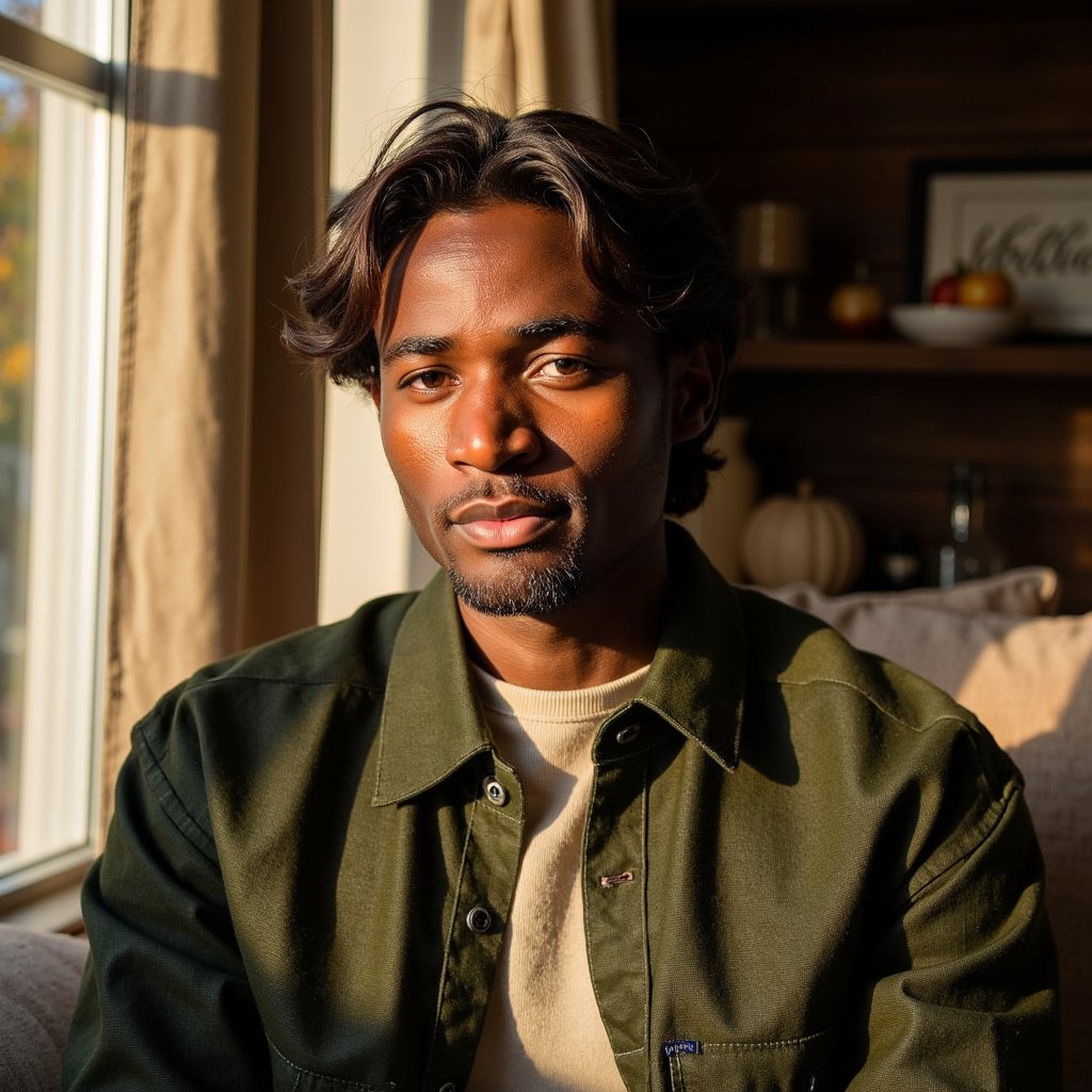 Hyperrealistic, highly detailed, HDR image of a man (male, ~28 yrs) sitting near a large farmhouse window with diffused golden daylight spilling in. Waist-up composition, camera straight-on at eye level. He wears a moss-green flannel shirt layered over a light oatmeal-colored crewneck. His hair is chestnut brown, medium length, slightly messy in a natural way. The light creates gentle contrast between the illuminated right side of his face and soft shadow on the left. His gaze is calm, reflective. Background out of focus: textured linen curtains, faint autumn foliage outside. Detailed skin pores, fine beard texture, flannel weave visible with tiny fibers highlighted by sunlight. Natural cinematic color tones. HDR, high resolution, high quality, highly detailed, photorealistic.