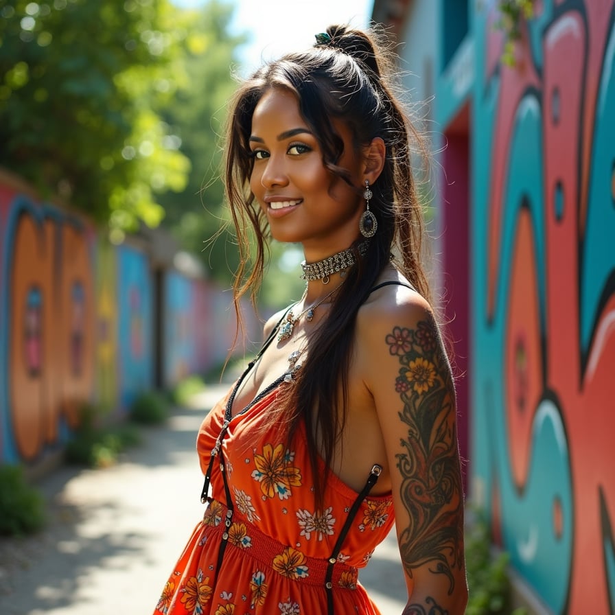 woman in vibrant, flowing maxi dress with floral patterns and layered ruffles, adorned with statement jewelry, posing against a bright and airy outdoor backdrop with lush greenery.