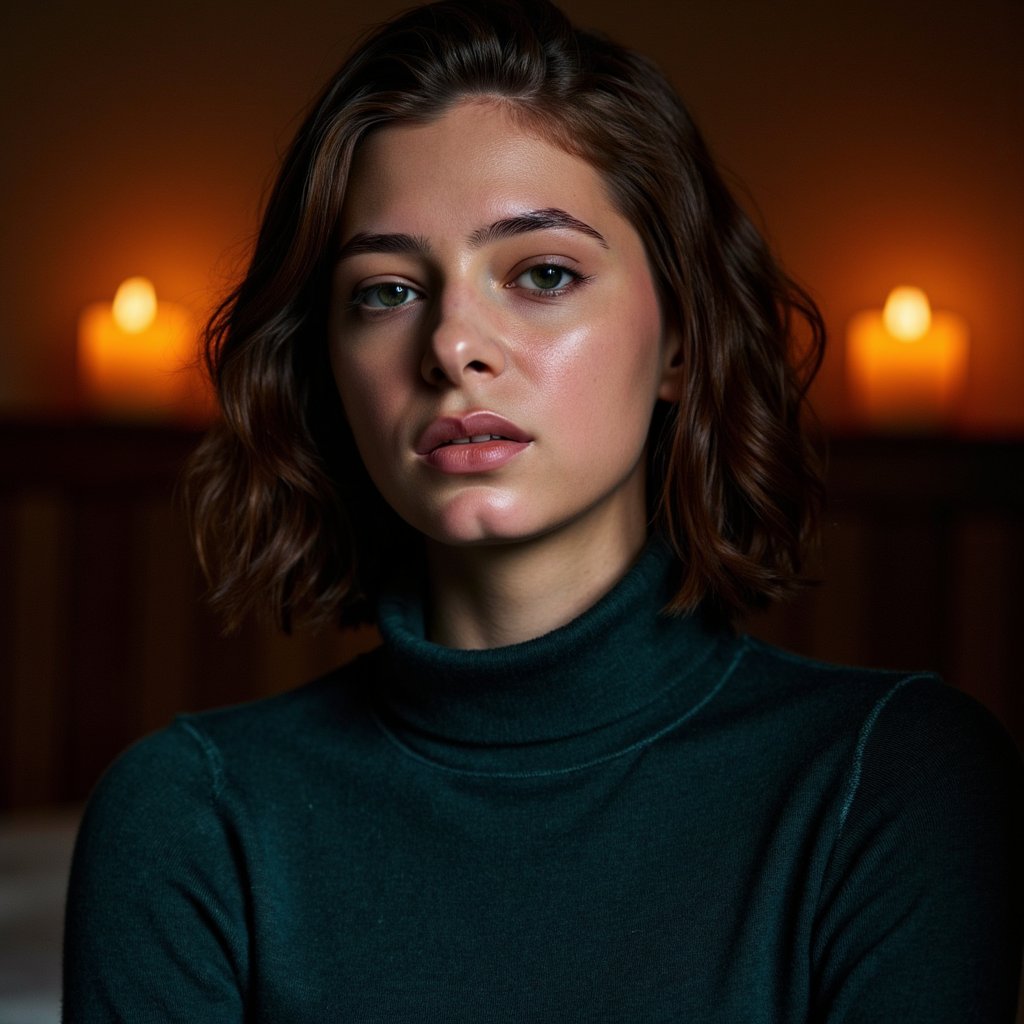 Highly detailed, highly realistic, hyperrealistic HDR close-up portrait of a woman (female, 40 yrs) illuminated by warm candlelight. Camera straight-on, tight head-and-shoulders framing. She wears a dark forest-green wool turtleneck sweater, texture clearly visible in soft folds around the neck. Her hair is mid-length, softly curled, dark brown with auburn undertones catching the candle glow. The background fades into rich darkness with bokeh from two small candles. Her expression gentle, eyes reflecting golden light. Visible skin texture, fine facial hair, soft sheen on lips, and subtle catchlight in eyes. Warm cinematic contrast, candlelight realism. HDR, high resolution, high quality, highly detailed, photorealistic.