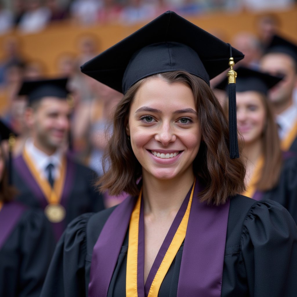 Waist-up portrait of a woman graduate smiling proudly while facing the camera, with blurred classmates in gowns in the background forming subtle color bokeh; she wears a black gown, deep purple stole, and honor cords (gold); soft curled hair falling over one shoulder, mortarboard slightly tilted; camera slightly above eye line, 105 mm lens, f/1.8; soft natural lighting, overcast daylight providing even illumination; shallow depth isolates her face; background softly colorful but uncluttered; fine details: woven cord texture, stitching along stole hem, lashes and reflections in the eyes; tone balanced, lifelike color, highly detailed, highly realistic, HDR finish.