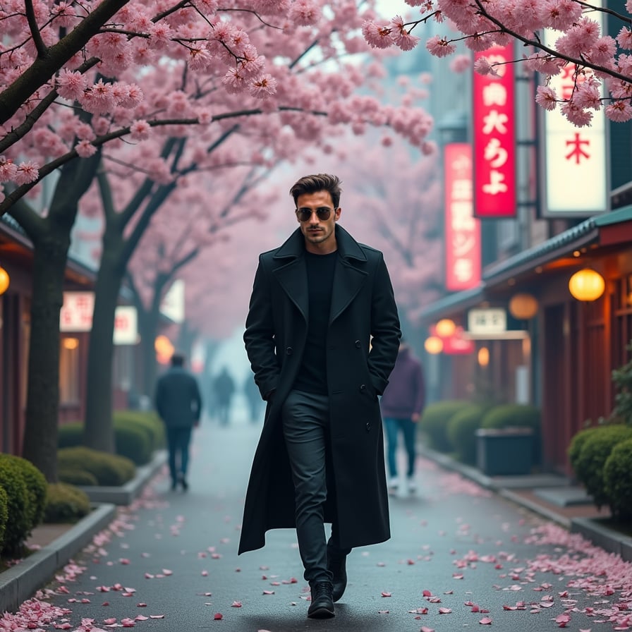 A stylish man in a black trench coat and sunglasses walks through a bustling city street lined with sakura trees. Neon signs reflect off the falling petals, creating a cyberpunk aesthetic with a mix of nature and technology.