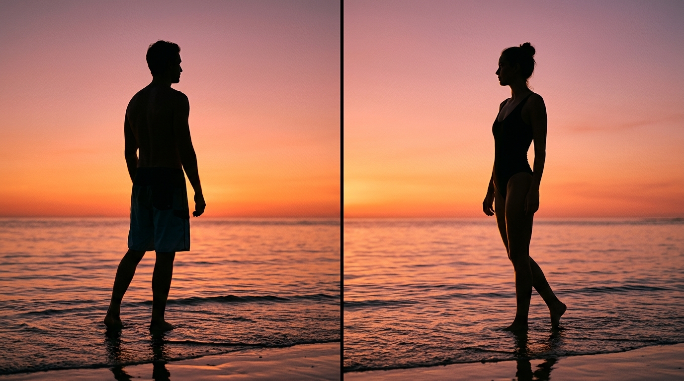 Hyper-realistic cinematic photograph of a full-body silhouette of a young woman in a sleek one-piece swimsuit standing in shallow ocean water at sunset, viewed from behind at a low angle, centered in frame with natural contrapposto stance, vivid orange sky fading into rose and faint violet with thin cloud streaks, water reflecting warm sky tones up into the dark foreground, stark silhouette in true black with swimsuit outline clearly defined, 35mm widescreen cinematic composition at f/5.6 for deep focus, no facial detail, fine-art photography quality
