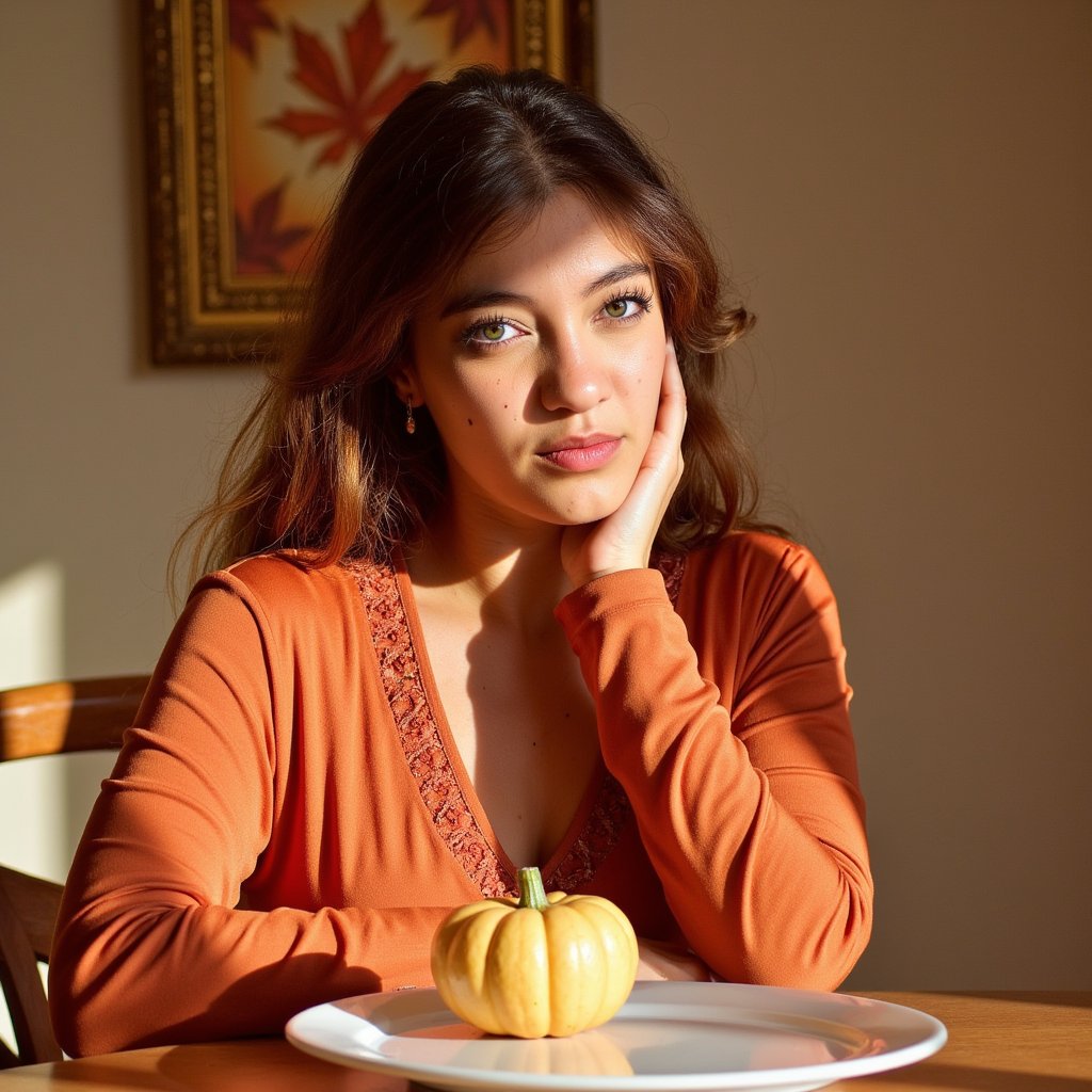 Highly detailed, highly realistic HDR image of a young woman (female, African-American, about 28 years old) seated at a wooden dining table. Waist-up framing at a slight three-quarter angle (camera slightly above eye level, looking down ~10°) so you see her face and upper torso. She wears a rich burnt-orange satin blouse with subtle sheen and delicate embroidery around the neckline, sleeves softly ruched; her hair is styled in shoulder-length loose curls, warm honey-brown highlights catching the light. Soft golden light from a nearby window to her right casts gentle shadows on the left side of her face; background is blurred (bokeh) with warm tones of autumn leaves on the out-of-focus background wall décor, minimal clutter. On the table in front of her is a single small pumpkin-shaped gourd and an elegant white ceramic plate (just peeking into frame). Facial details: faint freckles across her cheeks, natural light makeup with a soft rose-tone lip, long natural lashes, and subtle glint in her dark brown eyes. The blouse fabric shows fine threads, slight folds at the elbows, the satin texture catching the light. Background: warm beige wall, one out-of-focus framed print of autumn foliage, neutral and uncluttered. The image conveys calm gratitude and warmth.