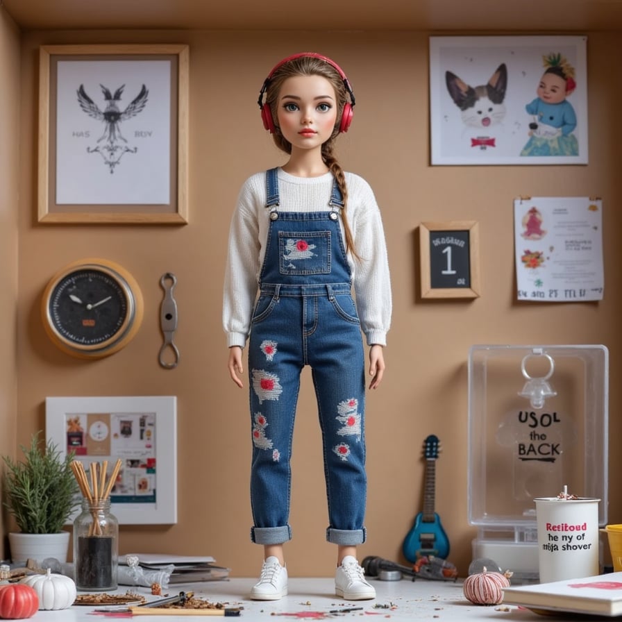A stylish female action figure with paint-stained overalls, headphones on, standing in front of a cluttered craft table. Scattered around: paint tubes, a sketchpad, iced coffee, a mood board.