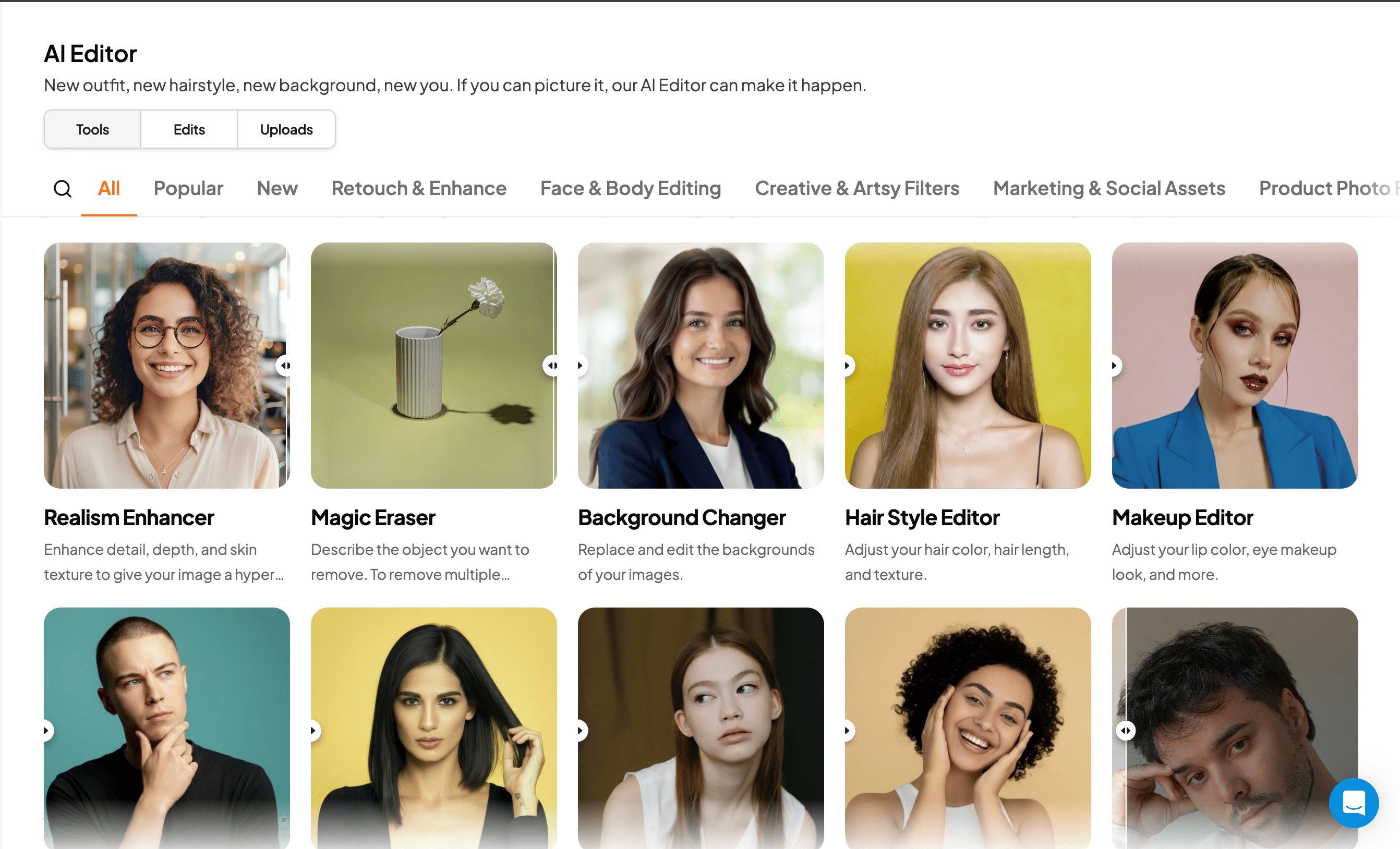 Aragon AI Editor tools grid showing Realism Enhancer, Magic Eraser, Background Changer, Hair Style Editor, and Makeup Editor
