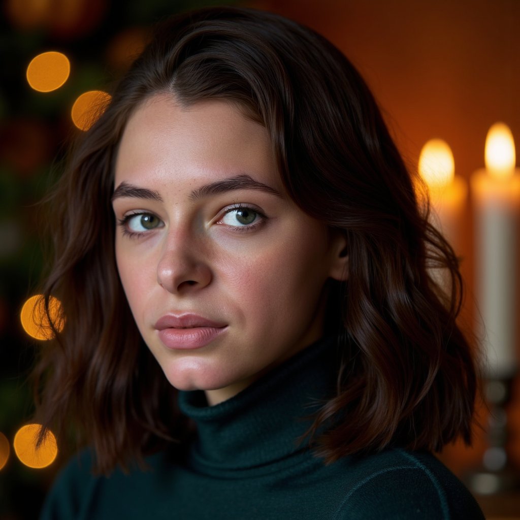 Highly detailed, highly realistic, hyperrealistic HDR close-up portrait of a woman (female, 40 yrs) illuminated by warm candlelight. Camera straight-on, tight head-and-shoulders framing. She wears a dark forest-green wool turtleneck sweater, texture clearly visible in soft folds around the neck. Her hair is mid-length, softly curled, dark brown with auburn undertones catching the candle glow. The background fades into rich darkness with bokeh from two small candles. Her expression gentle, eyes reflecting golden light. Visible skin texture, fine facial hair, soft sheen on lips, and subtle catchlight in eyes. Warm cinematic contrast, candlelight realism. HDR, high resolution, high quality, highly detailed, photorealistic.