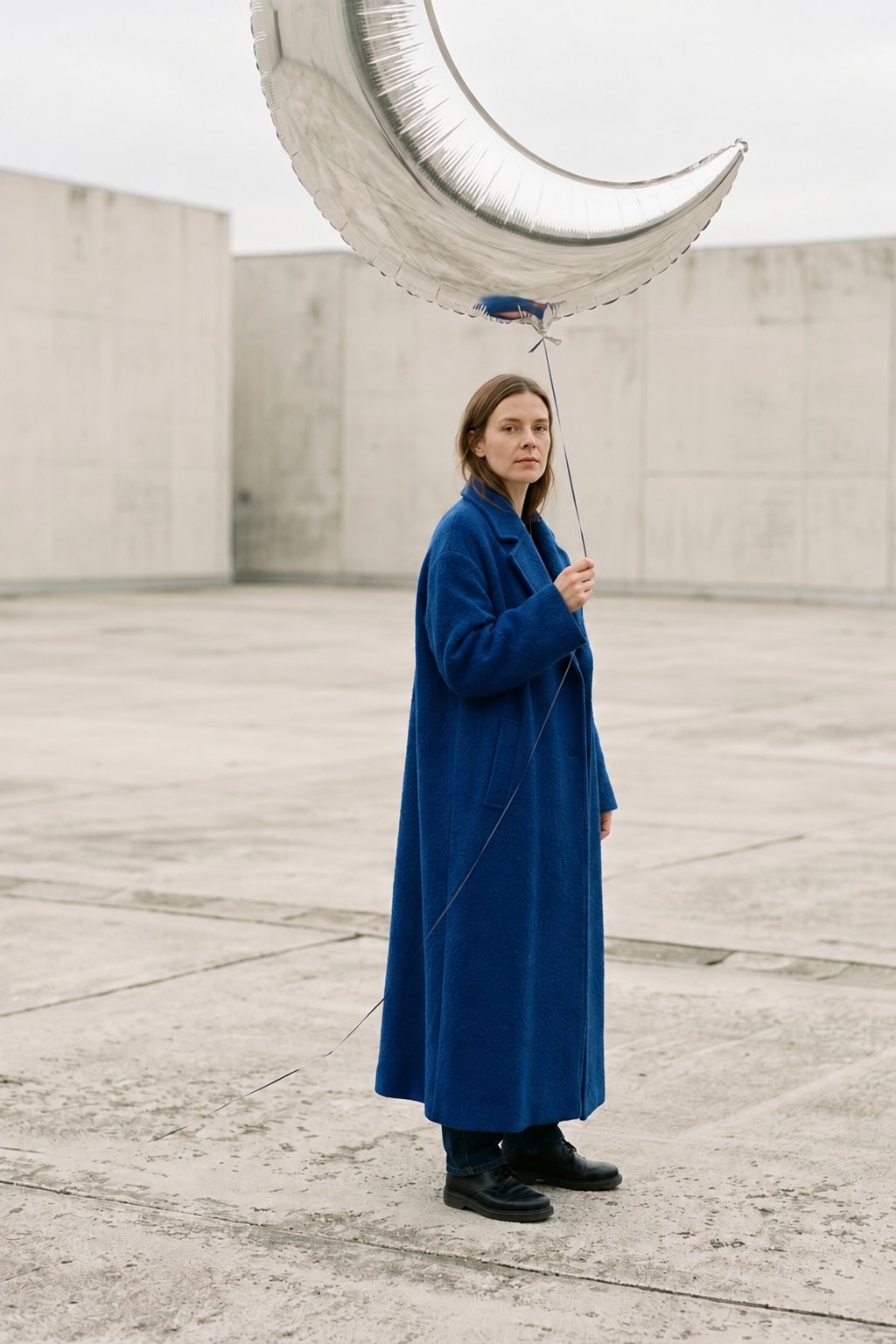 Tighter full-body framing of the woman and balloon with less surrounding
courtyard