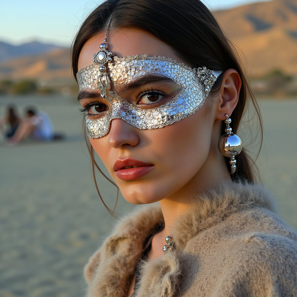 Artistic portrait of a Burning Man attendee wearing mirrored face gear and flowing desert cape, soft focus, surreal desert lighting