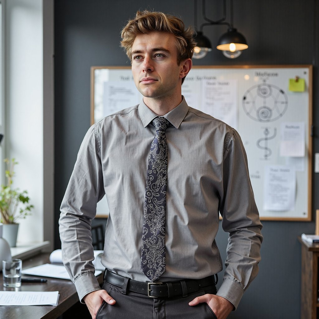 Highly detailed, highly realistic HDR office portrait of a man product manager in a light gray twill shirt with sleeves rolled, dark chinos, stubble neatly trimmed. Camera: 35mm lens, f/2.8, ISO 250, waist-up, slight diagonal angle from the side. Lighting: daylight from large window as main key, soft LED fill from ceiling; natural shadow cast on whiteboard behind. Pose: right hand holding marker mid-drawing, left hand in pocket, thoughtful engaged expression. Background: blurred whiteboard with a few neat diagrams and sticky notes, minimal clutter.