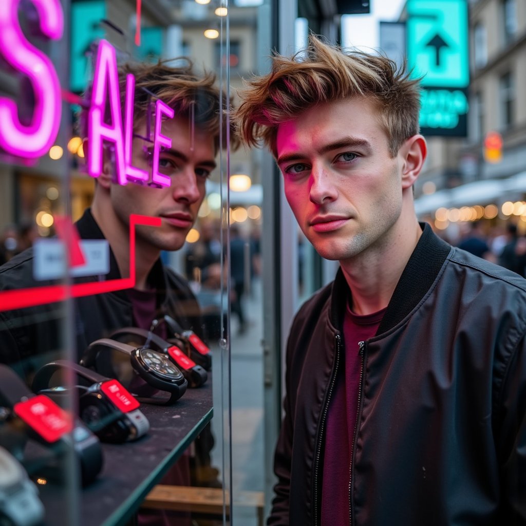 A man (male) close headshot inside an urban outlet, reflected in the glass of a display case showing gadgets and watches with red SALE tags. Hairstyle: side-swept undercut, slightly tousled; grooming: light 2-day beard. Attire: black bomber jacket with nylon sheen and ribbed collar, dark maroon tee visible at neckline. Pose: chin tilted slightly down, focused gaze at reflection; composed, no smile. Camera: 100mm macro-style head crop, eye-level, focus on reflected face. Lighting: magenta and teal neon streaks across face and glass; deep shadows for contrast. Background: abstract neon bokeh of SALE signs; reflective textures only, no clutter. Texture detail: glass smudges, nylon fibers, neon glow edges, subtle stubble. Highly detailed, highly realistic, HDR, high resolution.