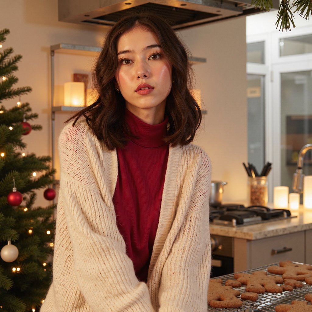 Head-and-shoulders portrait of a woman in a softly lit kitchen while Christmas cookies bake in the blurry background (no motion). She wears a cream knit cardigan over a red thermal top, cardigan showing soft wool fuzz and delicate ribbing.
Hair: half-up style with loose curls cascading down.
Makeup: soft golden shimmer on eyelids, warm blush, glossy nude lips.
Lighting: warm oven-light glow from behind adds a subtle halo while a soft diffused key from camera-left lights her face.
Background: blurred gingerbread cooling tray, pine sprigs, subtle fairy lights — minimal clutter, organized composition.
Camera: 50mm f/1.8; highly realistic, highly detailed, HDR, highlighting cardigan texture, hair shine, and warm kitchen tones.