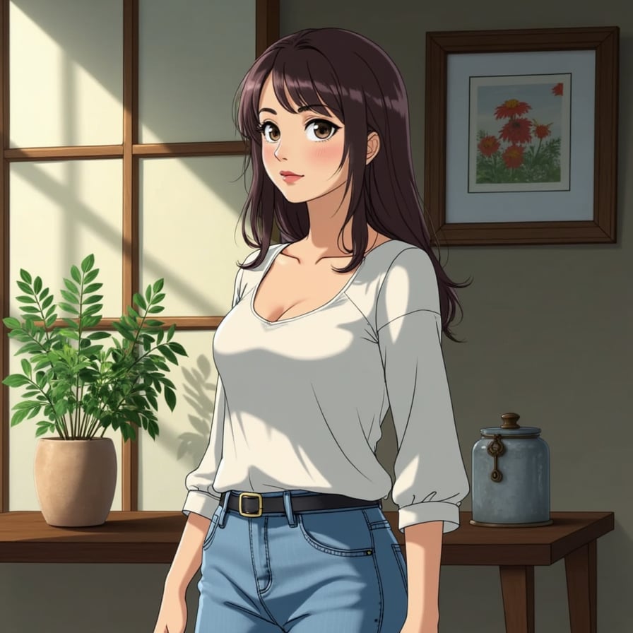 Medium to wide angle shot of a woman, relaxed pose, front camera perspective. Styled in Studio Ghibli’s signature anime look with soft colors, painterly details, and subtle facial expressions. The overall vibe is cozy, storybook-like, and reminiscent of classic animated films.