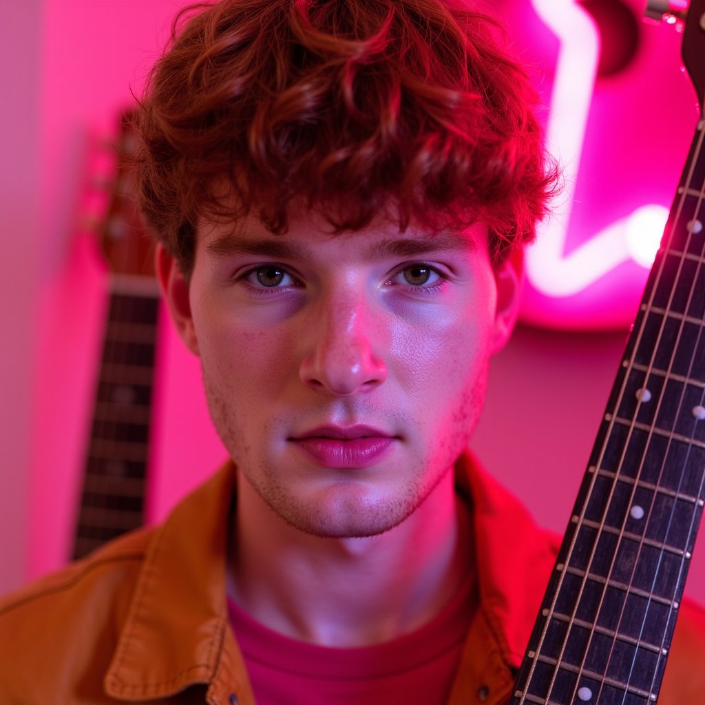 Editorial-style headshot of a male artist looking directly at the camera, acoustic guitar blurred in background, warm tones, reflecting Ed Sheeran’s raw and honest vibe