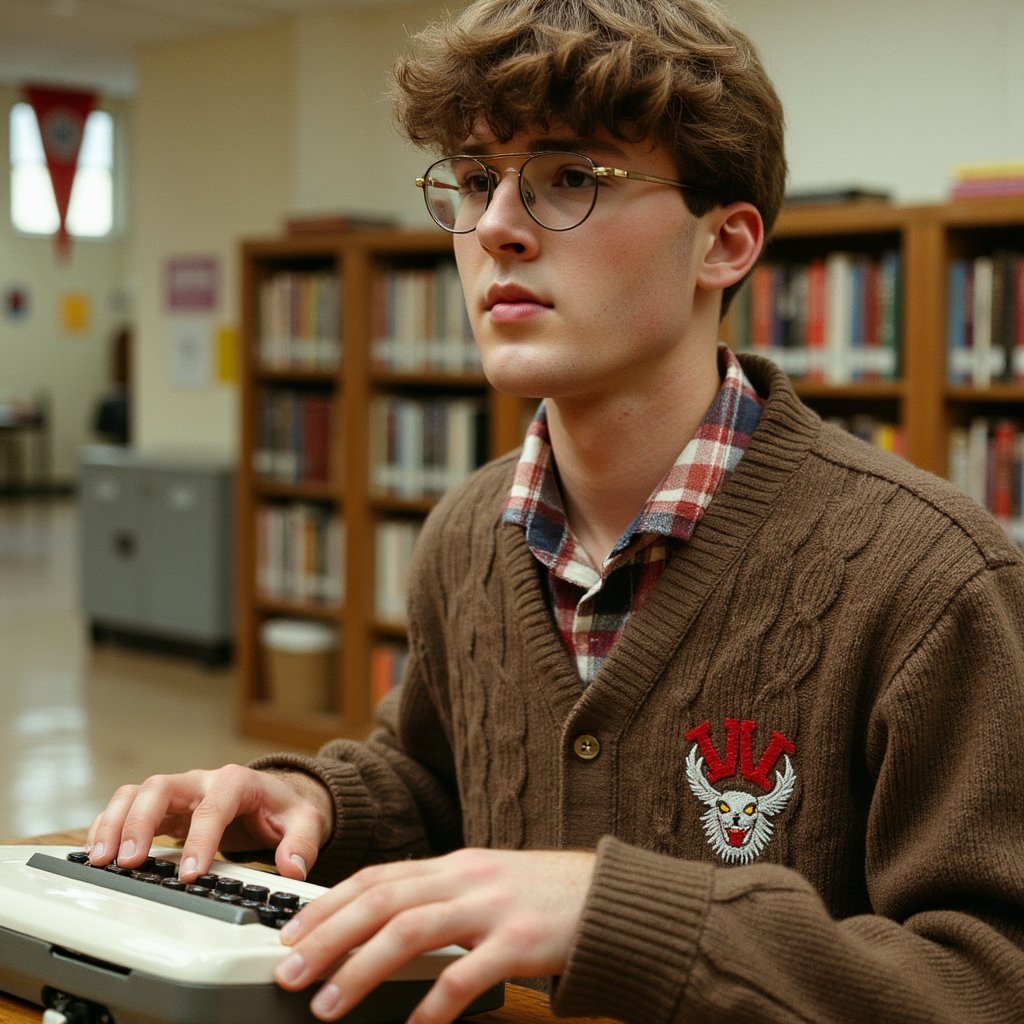 1960s yearbook image of a high school student typing in a library, framed waist-up from the side. Subject wears a brown V-neck sweater in tight cable-knit wool over a muted plaid shirt, the stiff cotton collar peeking out with one button undone. The sweater reveals subtle pilling and wool fuzz along the edges of the sleeves. His face, focused and slightly furrowed, shows visible peach fuzz on the jawline, a light mole near the left cheek, and slight acne scarring under natural light. Hands rest on a manual typewriter, fingers curled mid-action, keys slightly shiny from use. Hair is trimmed short and combed neatly with defined parting lines. Glasses with thin gold wire rims reflect the ambient library light. Background contains rows of oak bookshelves softly blurred; warm tungsten tones emphasize woodgrain and soft shadows across his knuckles. Captured at a 45° angle using a 35mm lens for slight contextual distortion.