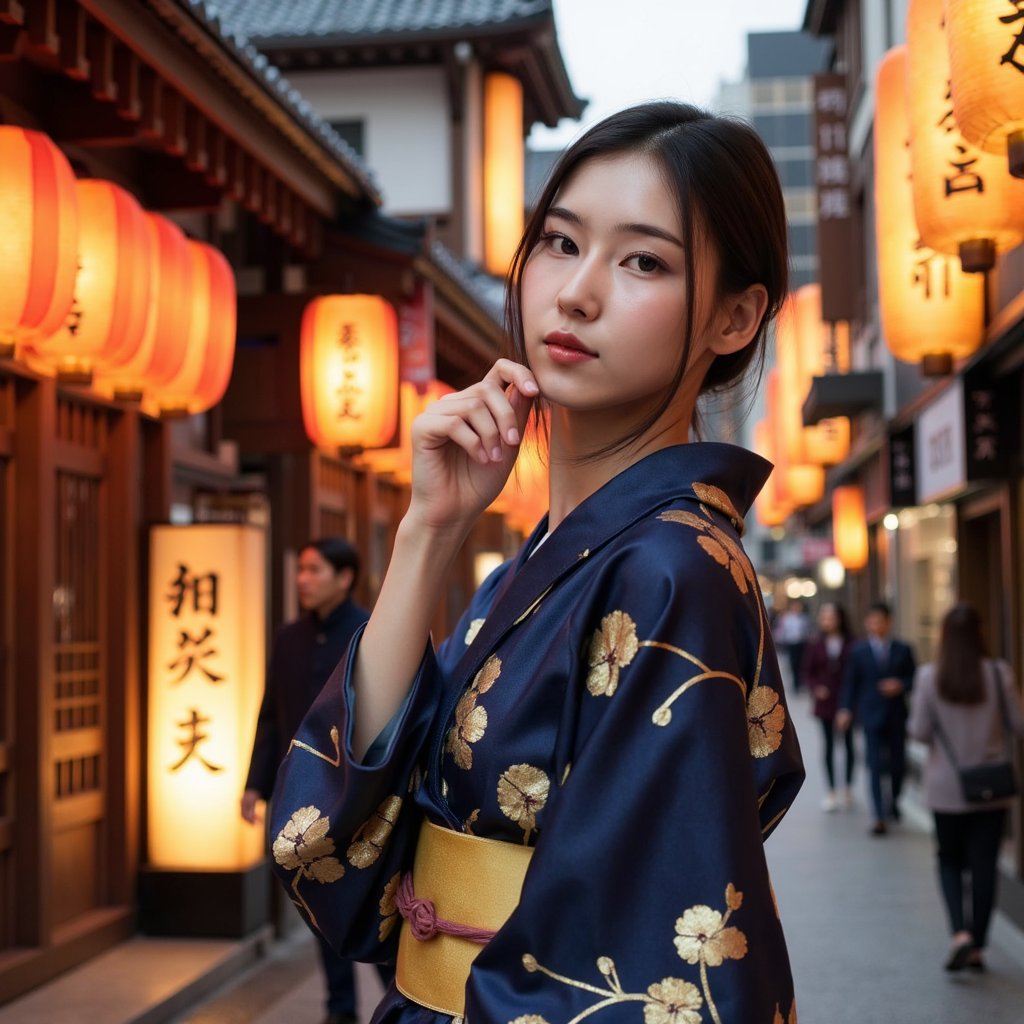 close up shot of a woman wearing a contemporary kimono in shades of deep indigo and gold, cinched with a wide obi belt, standing gracefully with one hand lightly touching her chin in a thoughtful pose. She is in a bustling traditional Japanese street, with vibrant paper lanterns illuminating the intricate wooden architecture of an ancient Shinto shrine in the background. The lighting is soft and warm, capturing the glow of the lanterns and the textures of the street.