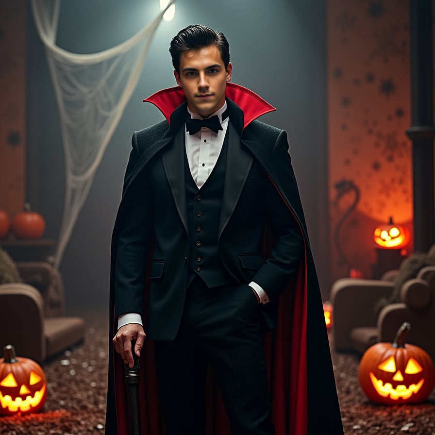 Dracula-inspired man, eerie backdrop, black suit, red cape.